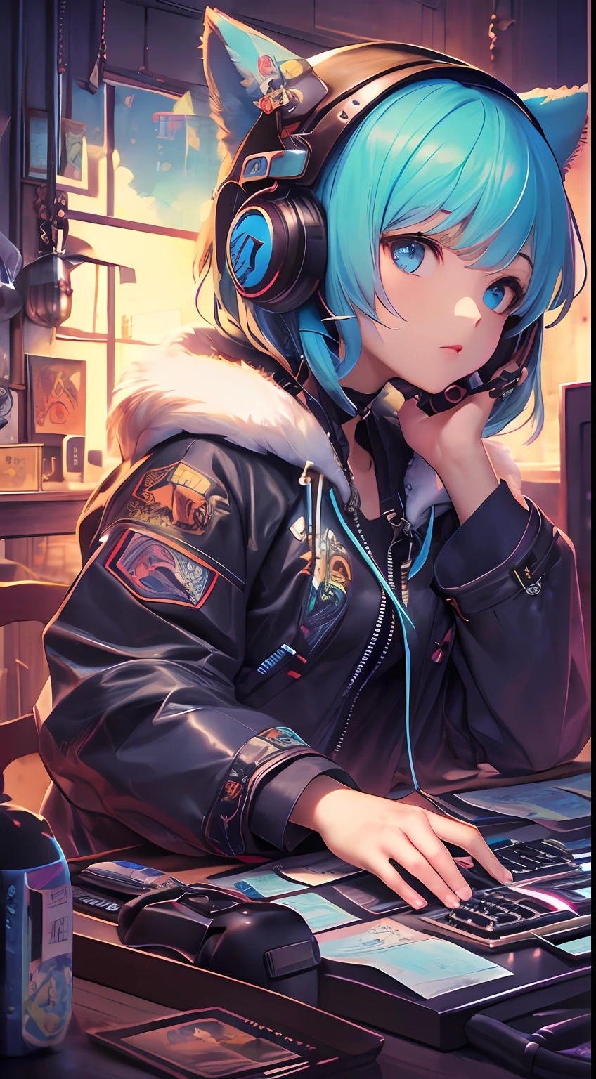 Masterpiece, Best Illustration, Solo, 1 Girl, Seated, Bun, Keyboard \ (Computer \), Fur Decoration, Computer, Monitor, Hood, Jacket, Hood Down, Chair, Headphones, City, Double Bun, Instrument, Cyberpunk, A Small Wooden Toy, \((Intricate Details\)\), Color Details, Rainbow Color BREAK, \(\(Masterpiece Best Quality\)\), 4K, Hyperdetail, Detailed Lighting, \((Inspired by Hayao Miyazaki), Official Art, Propaganda Art, Composition,