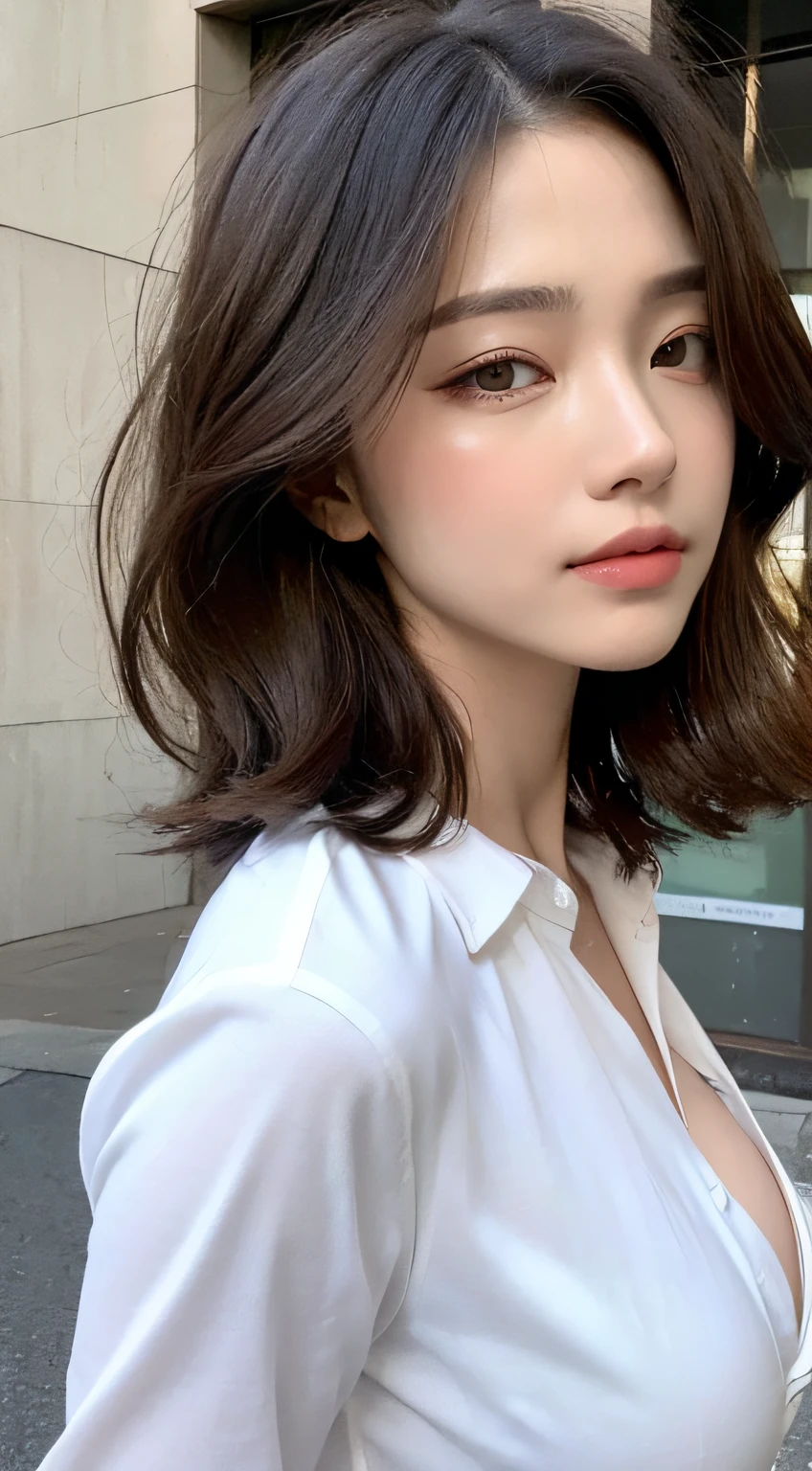 ((Best Quality, 8K, Masterpiece: 1.3)), Sharp: 1.2, Perfect Body Beauty: 1.4, Slim Abs: 1.2, ((Layered Hairstyle, Big Breasts: 1.2)), (Wet White Button Long Shirt: 1.1), (Rain, Street: 1.2), Wet: 1.5, Highly detailed face and skin texture, detailed eyes, double eyelids, side face looking at the camera