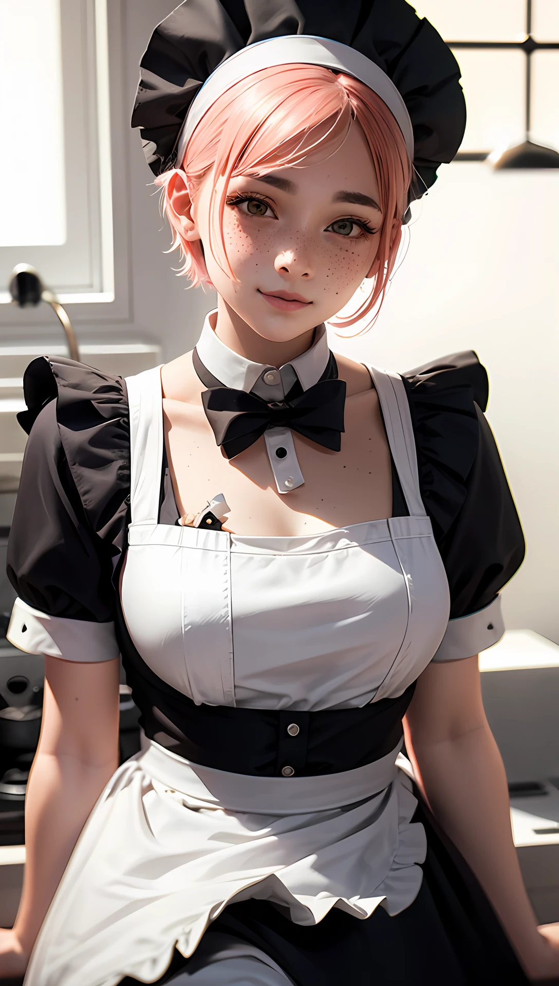 a closeup portrait of a playful maid, undercut hair, apron, amazing body, pronounced feminine feature, busty, kitchen, [ash blonde | ginger | pink hair], violet, freckles, flirting with camera