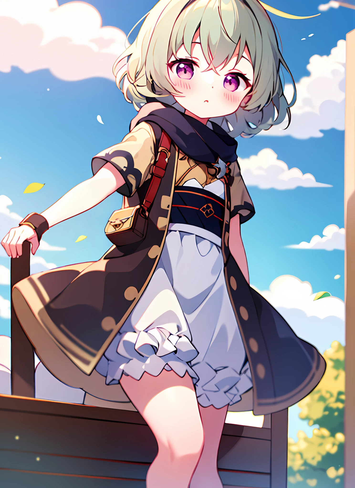 blush, outdoor, daytime, simple background, blue sky, wavy hair, sky, looking at the audience loli, very cute expression, small short legs, avatar