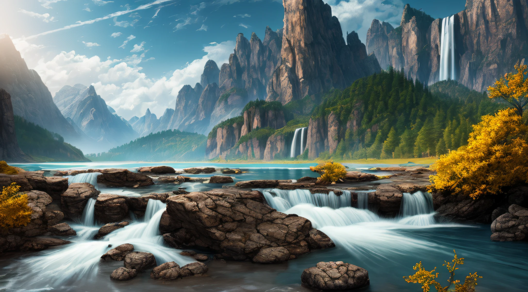 Masterpiece, best quality, high quality, extremely detailed CG unity 8k wallpaper, landscape, outdoor, sky, cloud, sky, no humans, mountain, landscape, water, tree, blue sky, waterfall, cliff, nature, lake, river , cloudy skies, award winning photography, bokeh, depth of field, HDR, bloom, chromatic aberration, photorealism, very detailed, trending on artstation, trending on CGsociety, intricate, high detail, dramatic, midjourney art --auto