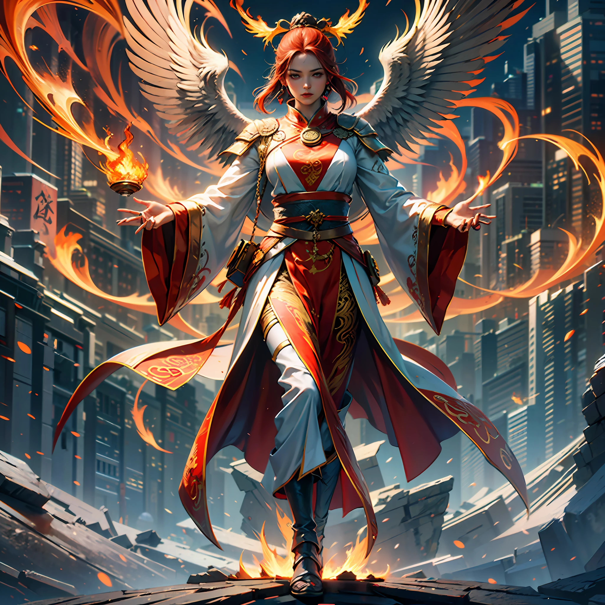 A flame mage is dressed in fiery red (Chinese Han costume) with intricate runes and ornaments embroidered on his robe, exuding a scorching aura. He was tall and powerful, his hands were raised, and powerful flame spells were being released. His eyes were firm and sharp, a flash of fire flashed in his eyes, behind the flame mage, (A huge flame phoenix spreads its wings and flies: 1.2), (the phoenix's feathers burn with roaring flames), emitting dazzling light, its body is surrounded by flames, the flame feathers dance, forming a spectacular flame six-pointed star array pattern, full of mysterious magic, the whole scene is full of fiery breath and the passion of battle, a large area of flame spells bloom in the air, forming a brilliant flame arc and a flying spark, (Flame Mage and Phoenix), in the raging fire looks majestic and mysterious, like the embodiment of fire and magic, red hair, high detail, surrealism, realism, (real photo: 1.4) , (chiaroscuro), cinematic lighting, realistic special effects, C4D rendering, octane rendering, ray tracing, panorama, POV, textured skin, super detail, UHD, masterpiece, anatomically correct, best quality, high resolution, 8k