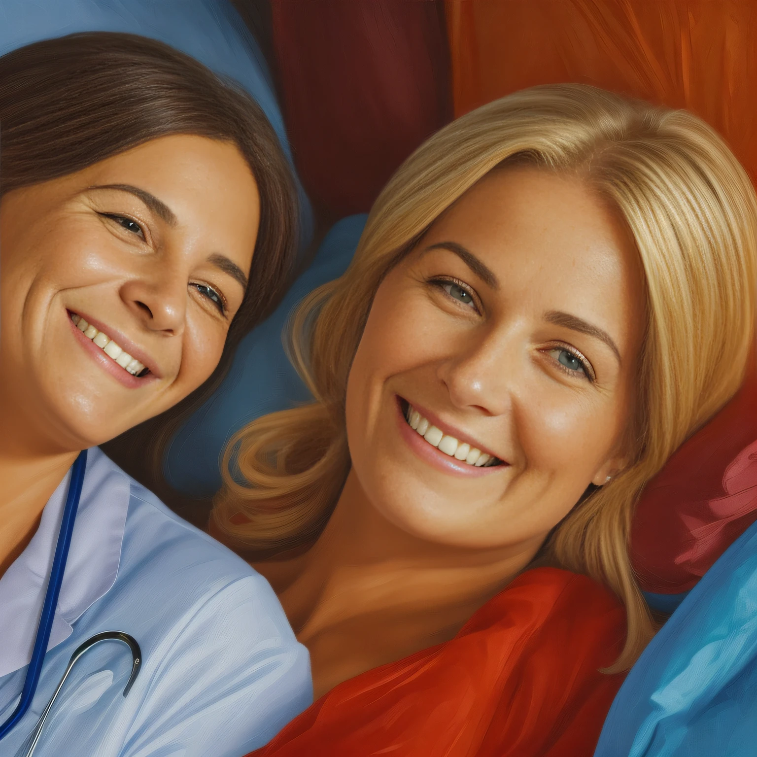 Paint a smiling doctor and a patient in the hospital. Painting on canvas. The image should convey relaxation. Painting with cinematic quality, colorful, with well-defined, vivid, intense, exceptional colors in 8K, highlighting every detail, revealing the perfection of the character's facial expression.