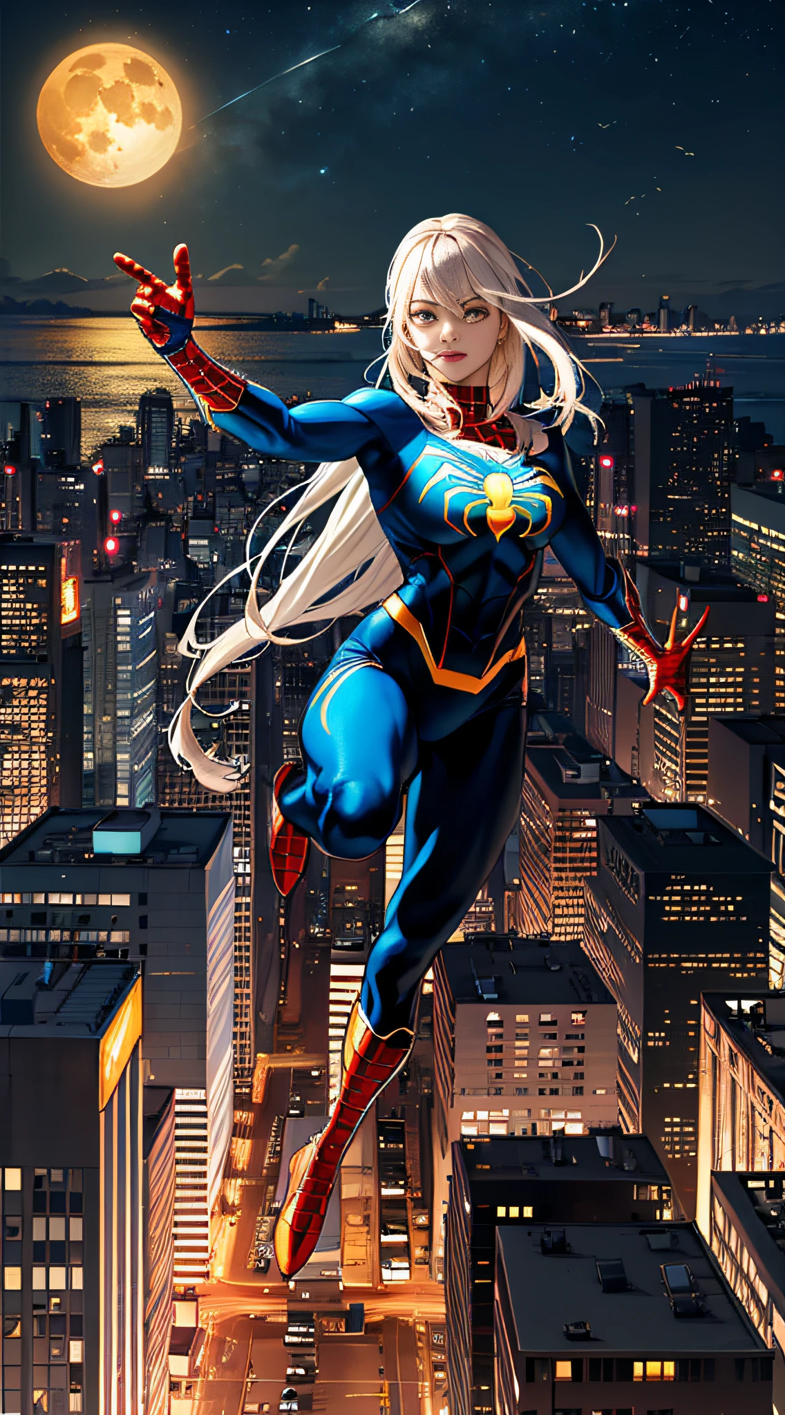 Margot Robbie (Masterpiece, 4k resolution, ultra-realistic, very detailed), (White superhero theme, charismatic, there's a girl at the top of town, wearing Spider-Man costume, she's a superhero), [ (25 years), (long white hair:1.2), full body, (blue eyes:1.2), ((Spider-Man pose),show of strength, jumping from one building to another), ((sandy urban environment):0.8)| (cityscape, at night, dynamic lights), (full moon))] # Explanation: The Prompt mainly describes a 4K painting of ultra-high definition, very realistic, very detailed. It shows a superheroine at the top of the city, wearing a Spider-Man costume. The theme in the painting is a white superhero theme, the female protagonist has long white hair, is 25 years old and her entire body is shown in the painting. In terms of portraying the actions of superheroines, spiders are employed