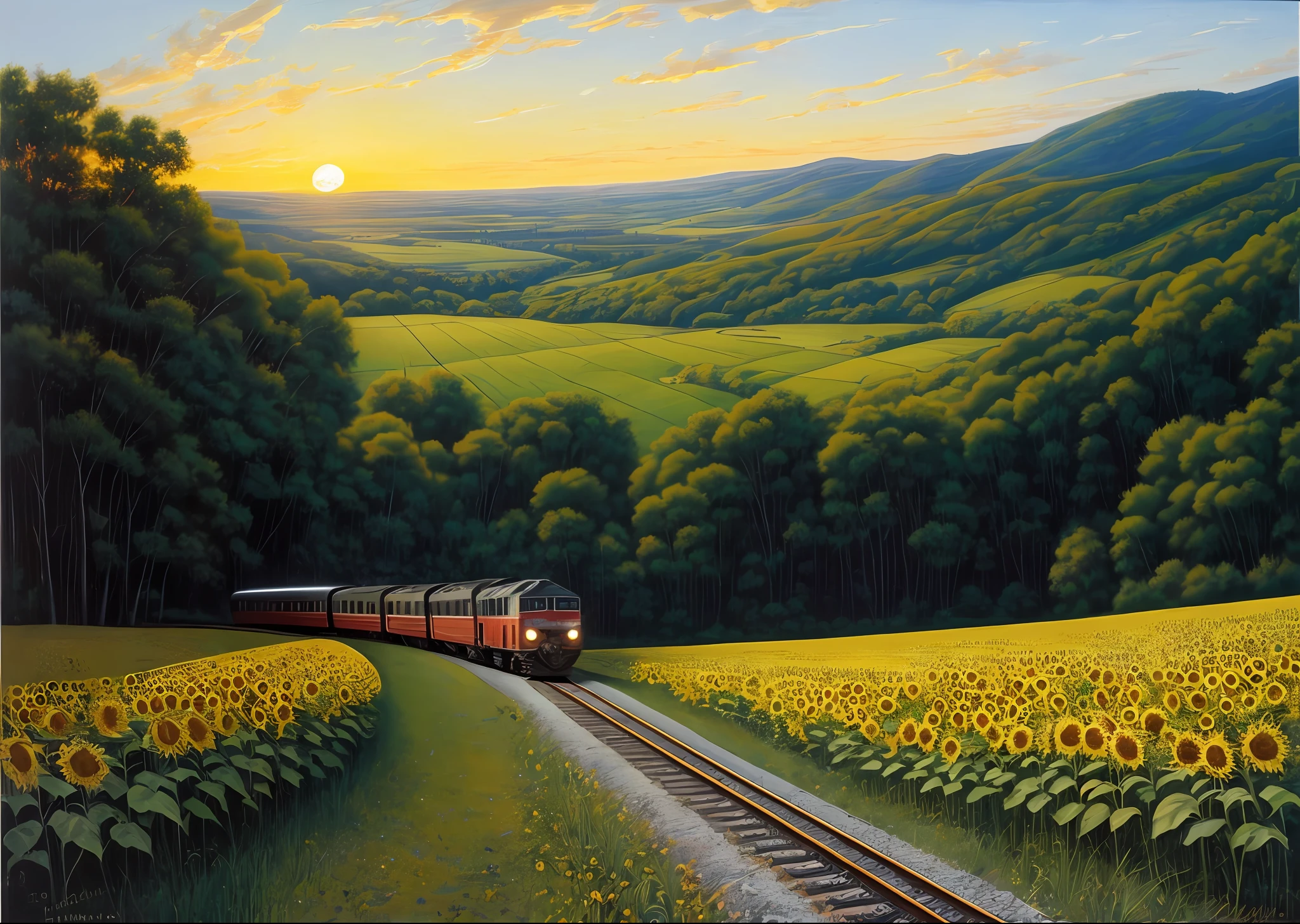 a train running through a sunflower field on tracks. the sun is rising in the background. oil on canvas painted by edward redfield and tim burton --auto