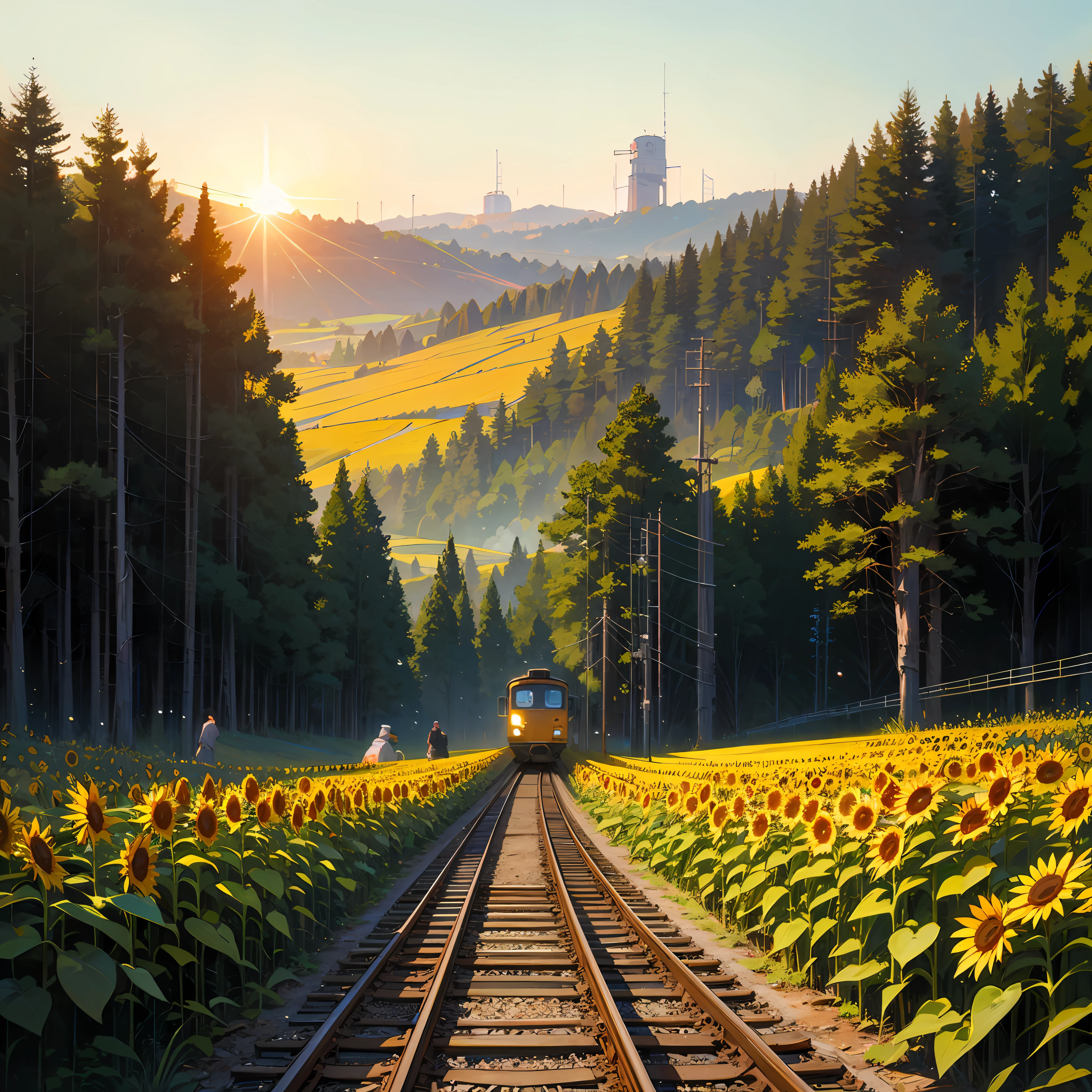 a train running through a sunflower field on tracks. the sun is rising in the background. oil on canvas painted by edward redfield and tim burton --auto