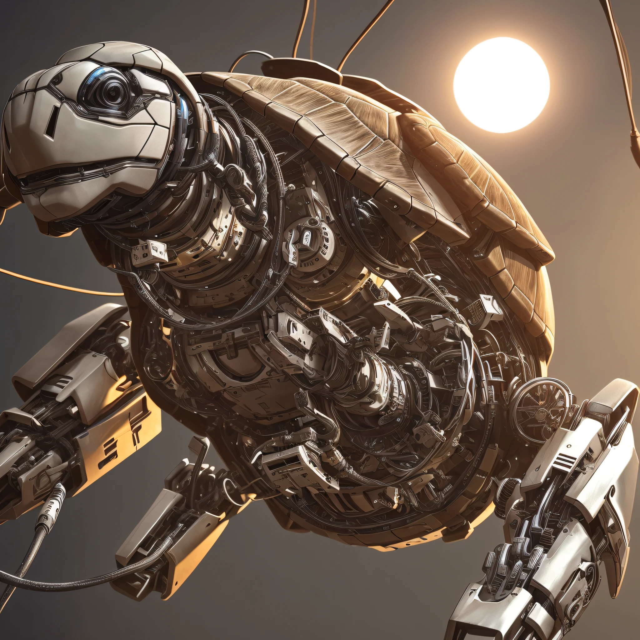 Mecha turtle, high-glossy, extremely delicate and beautiful, cinematic light, scroll neck vertebrae attached to the neck, wires and cables connected to the head and turtle shell, the entire turtle is in the frame, realistic style, realistic presence, complex mechanical structure with metal texture --auto