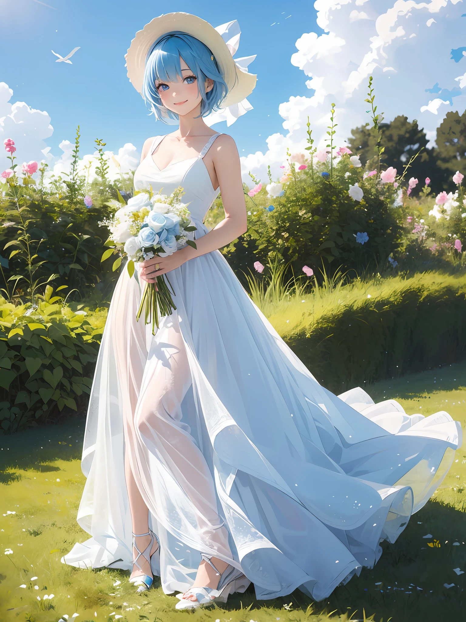 girl, sky blue hair, short hair, blue eyes, beautiful eyes, smiling, happy, white dress, bouquet, posing, full body, on grass, blue sky