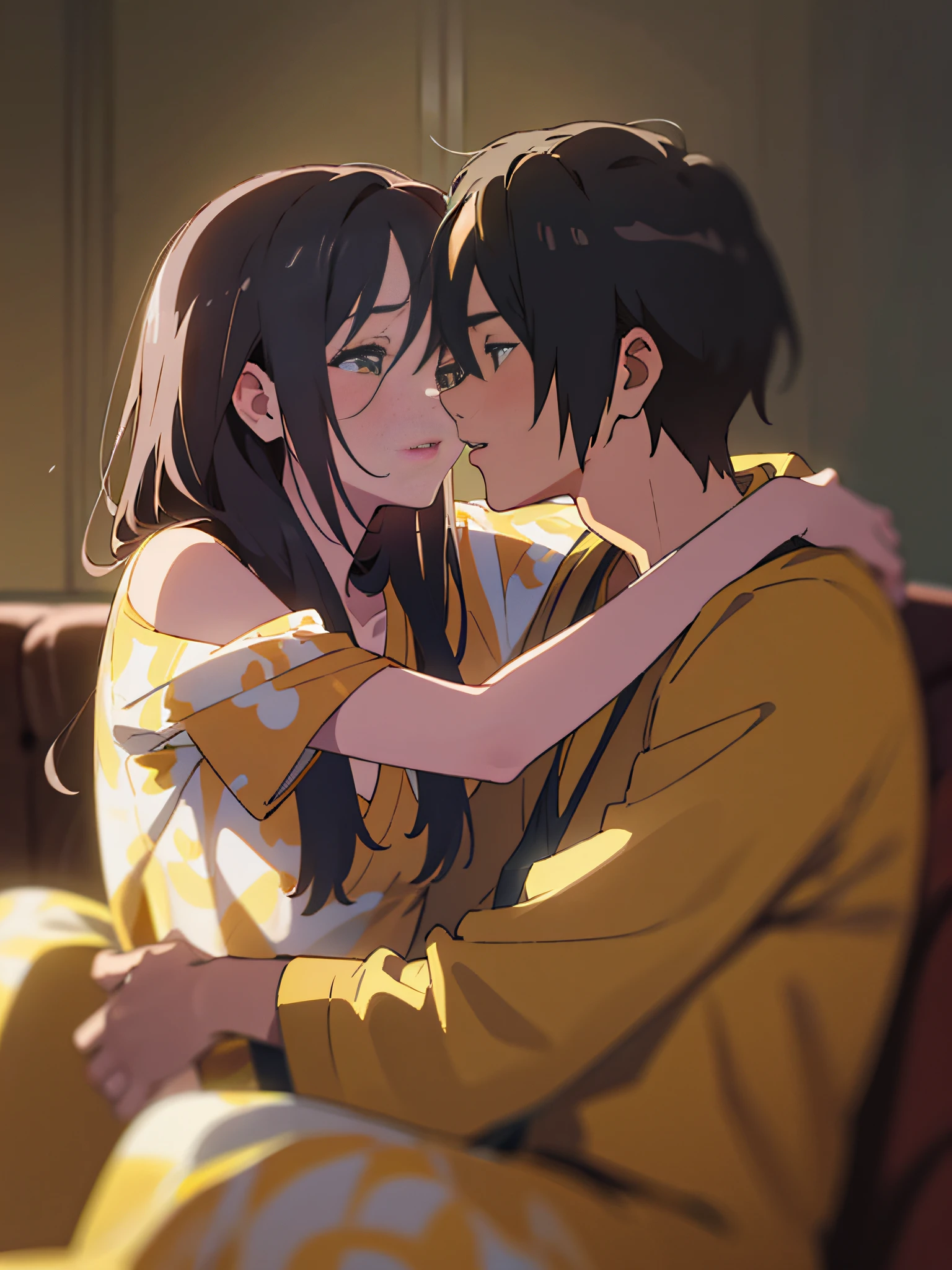 ((8K:1.27), High Quality, Masterpiece, Ultra HD: 1.2), Man in 20s in yellow jumpsuit, Woman in 20s in low-cut sexy pajamas, attractive photos, digital enhancement, very perfect pose, warm pose, intimate hug,
Under the soft room lighting, they snuggled deeply on the sofa and leaned against each other. Their eyes met and a smile was born. His right hand gently caressed her buttocks, while her left hand gently pressed against his chest.
Their warm breaths collided, and he slowly pulled his face to her delicate, well-defined lips. The fleeting moments before their lips touched seemed endless to them.
When their lips intertwined, it was as if time in the world had stopped. This sweet kiss was their only communication and confirmed their feelings for each other
Her fingertips gently stroked his head, deepening the kiss. They forget time and just feel each other's presence. Their hearts are united and love is transmitted through their bodies. At this moment, they were completely satisfied, as if they had everything in the world. Snuggling up on the couch and exchanging kisses is their ultimate moment,
Makoto Shinkai, Nawa Kimi, Son of Tenki, Koto-no-Ushi,