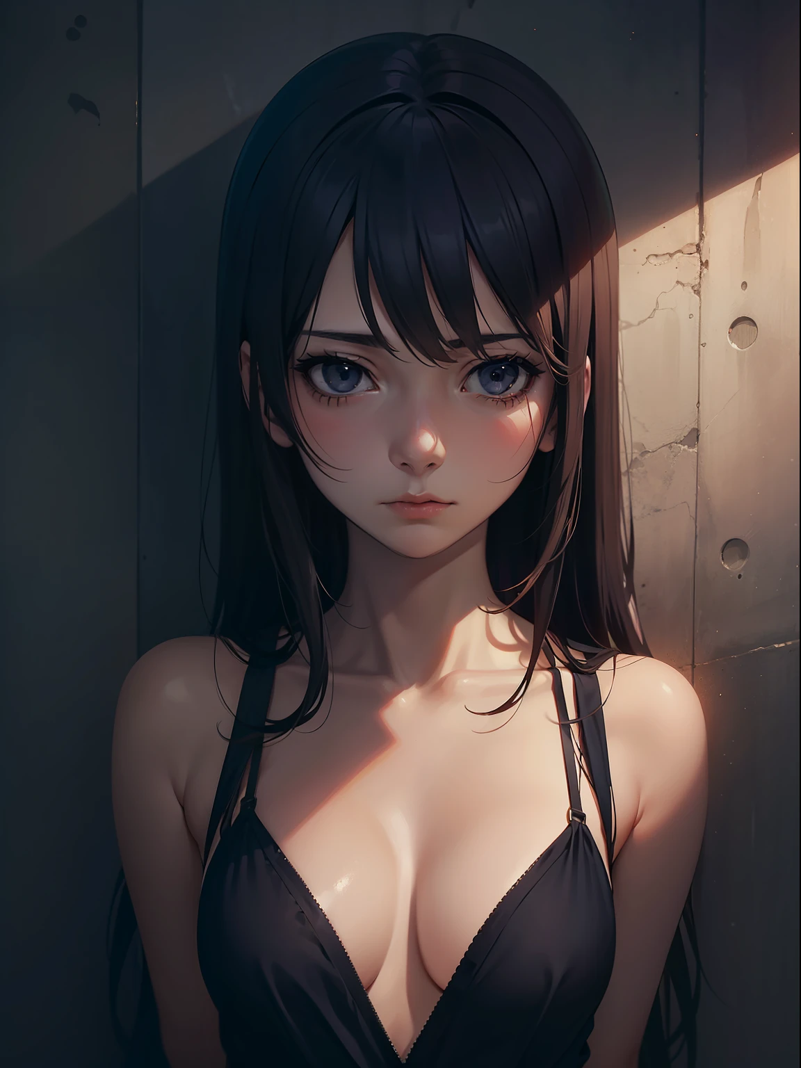 In a strikingly detailed and poignant scene, a captivating anime girl, evoking a sense of profound sadness, is depicted amidst a complex and realistic background that conveys a feeling of imprisonment and entrapment.