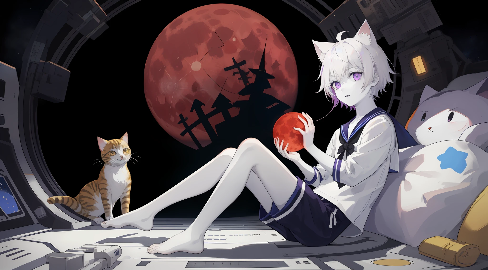 ((Pale Skin)), (Little Boy), (Red Moon), (Short Hair), (Purple Eyes), (White Hair), (Blue and White Striped Sailor Suit), (Blue and White Striped Shorts), (Barefoot), (Happy), (Cat Ear Tail), (Handsome), (Lying on the Moon), (Zombie), (Space Station Background)