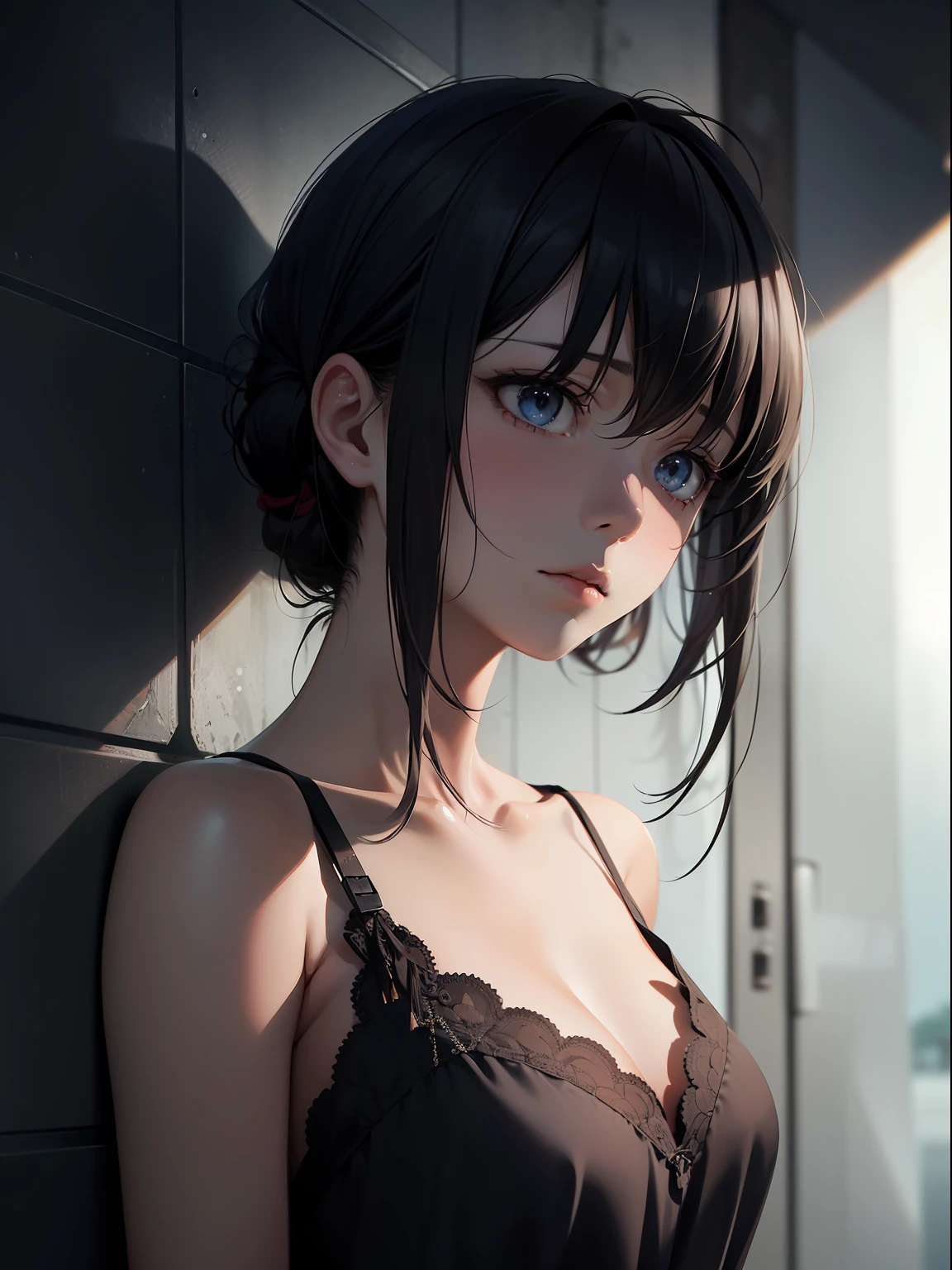 In a strikingly detailed and poignant scene, a captivating anime girl, evoking a sense of profound sadness, is depicted amidst a complex and realistic background that conveys a feeling of imprisonment and entrapment.