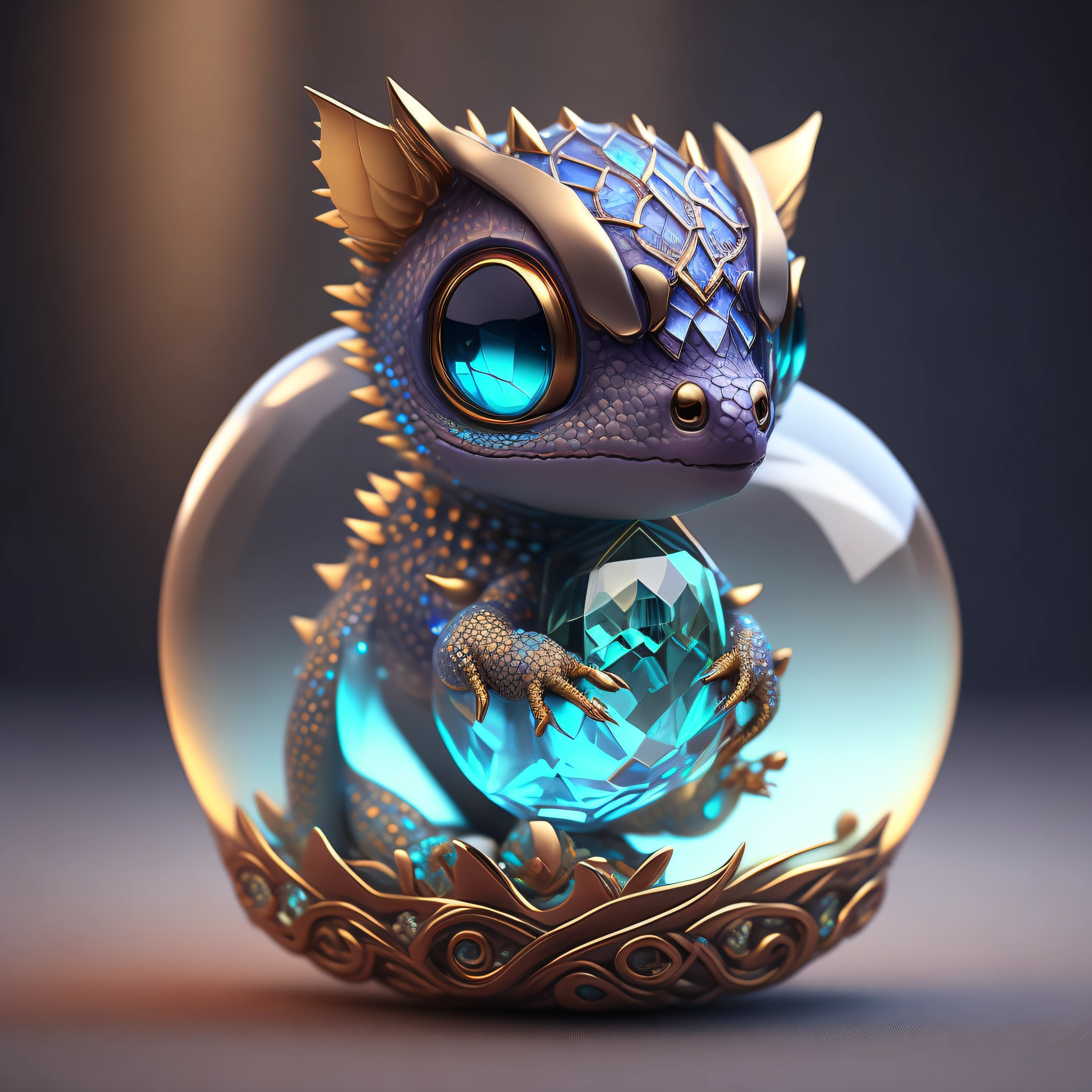 Cute adorable crystal ball dragon cub with highly detailed intricate low poly eye concept art trending artstation 8k, cute dragon, chimera, snake with natural lighting