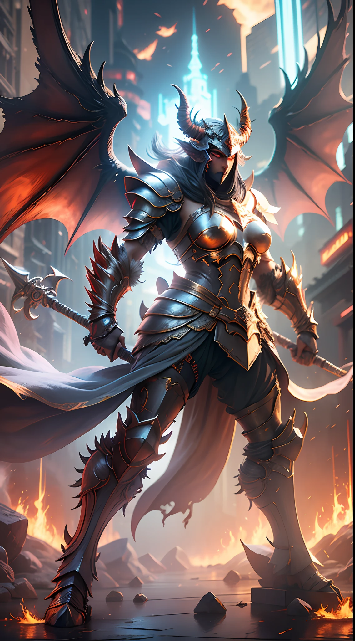 Cinematic effects, black and red demon armor, strong luster of armor, murderous armor style, with devil ornaments, exaggerated devil horns, spikes, and its complex armor, exaggerated huge devil wings, visual impact, holding a square halberd, battle posture display, motion photography, distant Athena statue, perfect details, 8K, top painting, scene magic, outdoor photography, concept art, epic composition, with HD details, metallic texture and tension composition, hyper-realistic, ultra-realistic, rich in detail, 3D. C4D,
