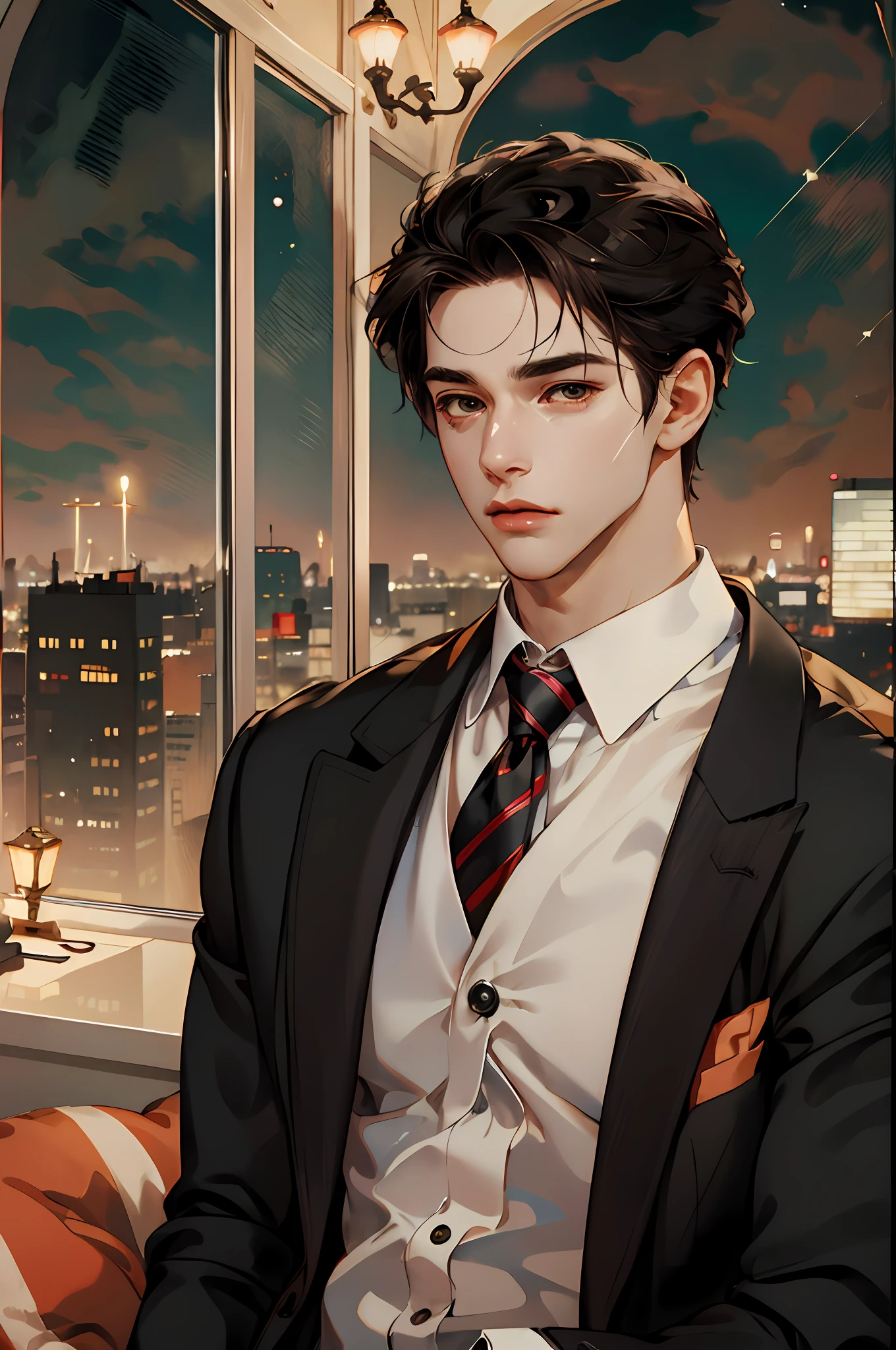 (1 male, solo, tall rather muscular man, handsome), short hair, black hair, pomade, brown eyes, (angular chin: 1.4, thick neck: 1.4, thick eyebrows: 1.4), rest, night, dark, night view of the city from a large window, formal suit, tie, rest, upper body, SeaArt Bot Control net 13:40:36 anime, watercolor, painting, art style, (best quality), Young man, ((beautiful)), pretty face, black eyes, man of Middle Eastern descent, black hair, slim, thick and dignified curved eyebrows, clear and large eyes, peach blossom eyes, peach blossom eyes, black eyes, chiseled face, large nose, broad forehead, brown skin, long eyelashes, tear bags