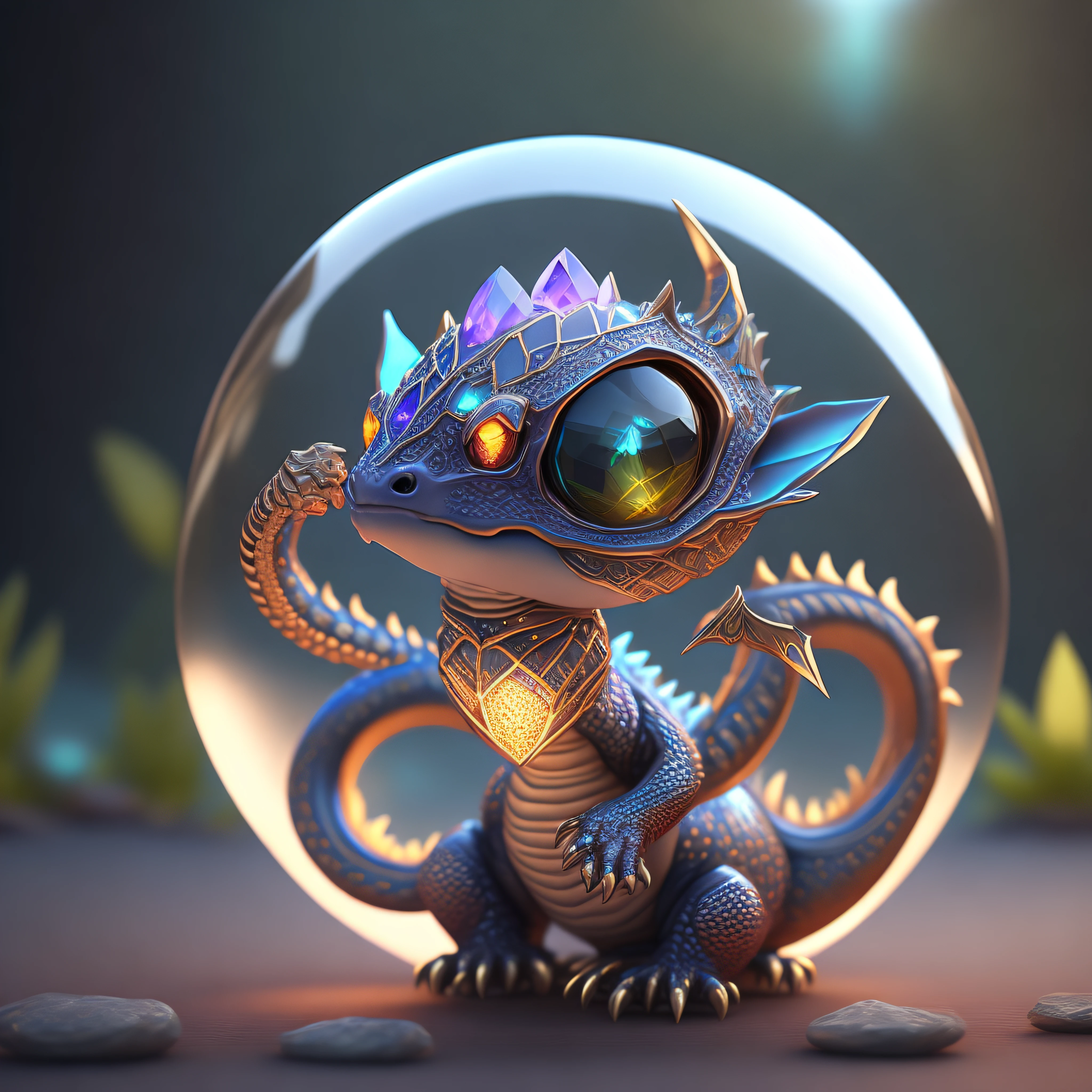 Cute adorable crystal ball dragon cub with highly detailed intricate low poly eye concept art trending artstation 8k, cute dragon, chimera, snake with natural lighting