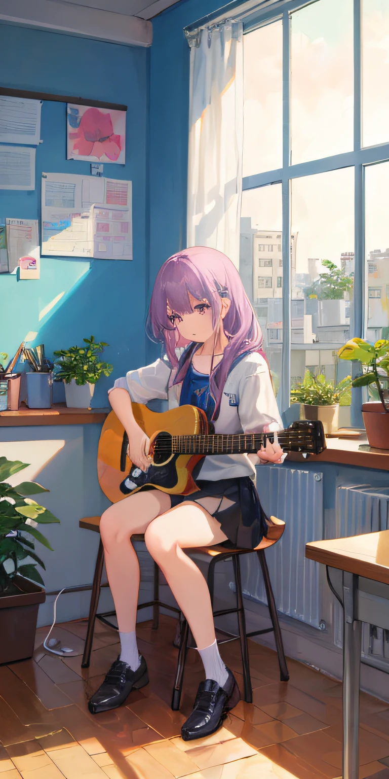 masterpiece, best quality, high resolution, solo, purple eyes, kahuka 1, guitar, musical instrument, 1 girl, solo, plant, cat, potted plant, electric guitar, classroom, sitting
