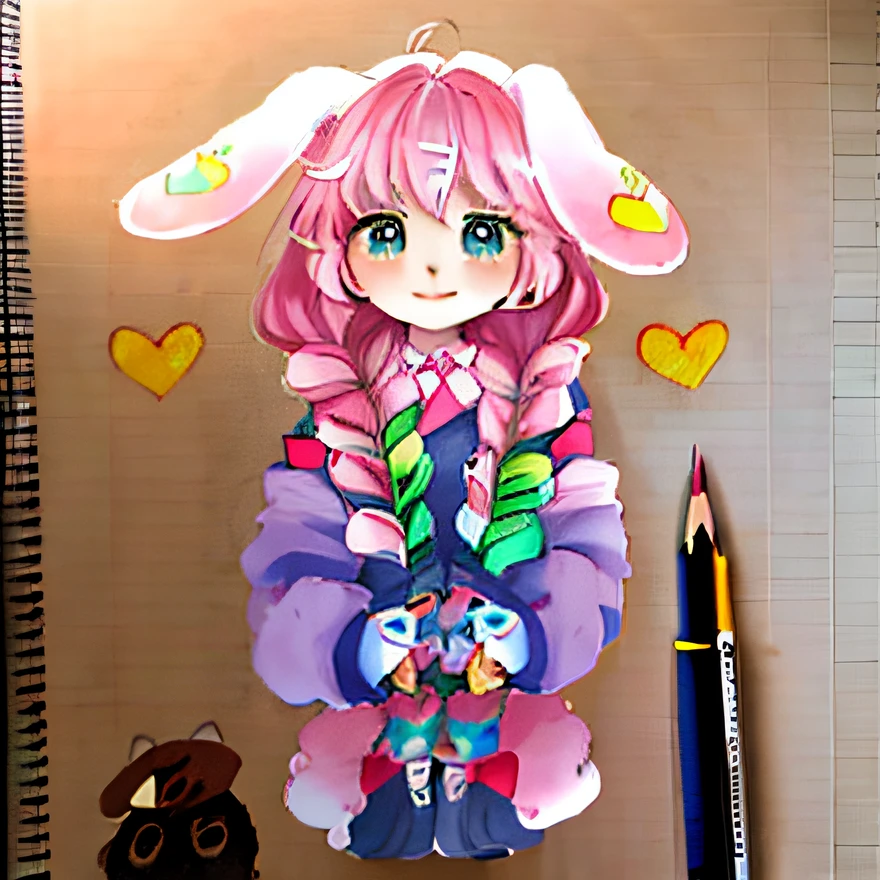 drawing of a girl with long braid hair and a bunny ears, cute detailed artwork, with long floppy rabbit ears, original chibi bunny girl, traditional drawing style, anime drawing, anime style drawing, cute drawing, an anime drawing, cute anime style, kawaii anime manga style, in an anime style, cute art style, cute anime, small curvy loli