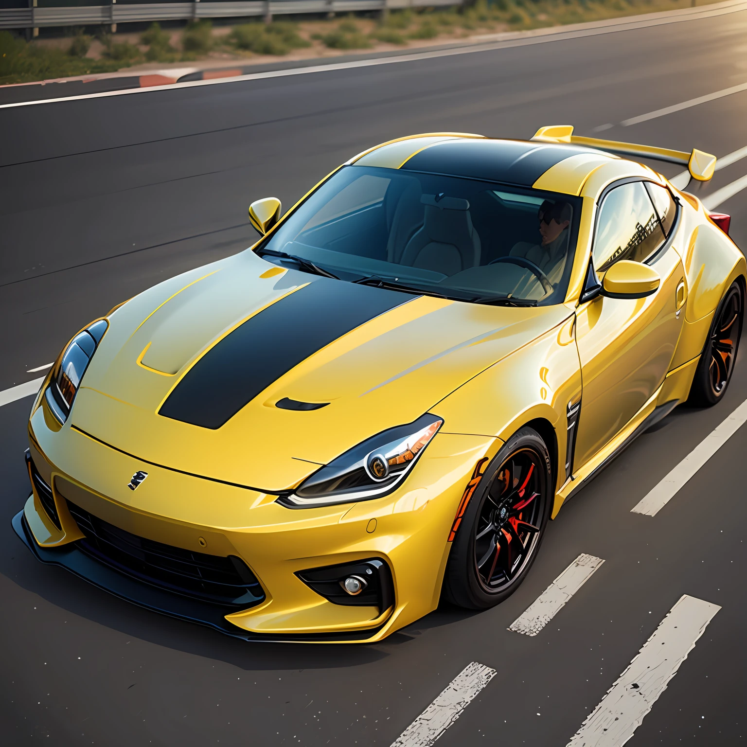 Yellow 2023 Fairlady Z, photogenically realistic, drifting, dark back. --auto
