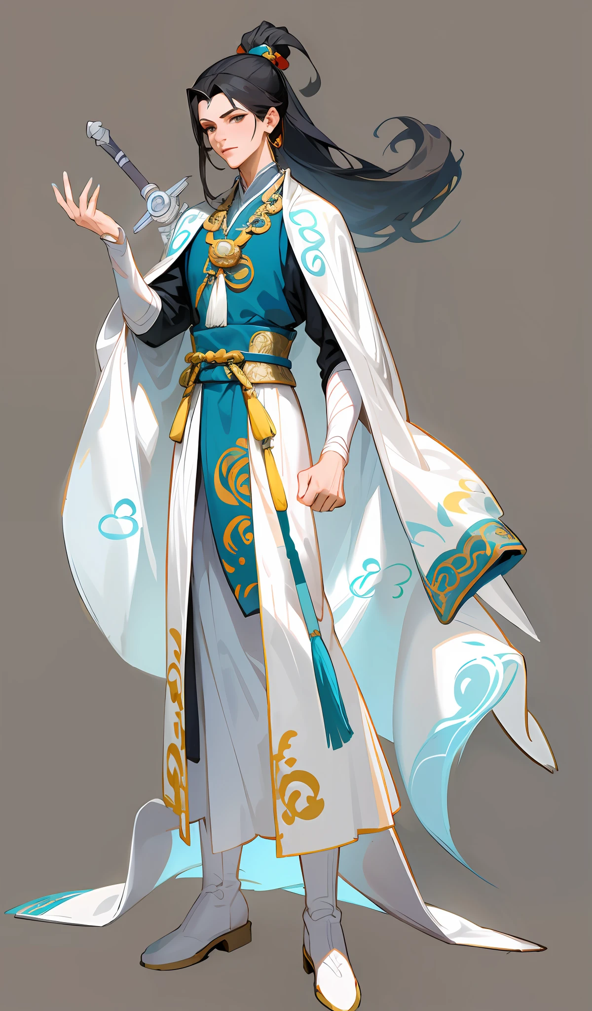 ((full body)), masterpiece, best quality, painting, five fingers, (normal fingers), very delicate and flawless face, very handsome, handsome, (detailed facial features), standing, looking at the audience, close-up of a man in a sword costume, flowing magic robe, flowing white robe, cotton cloud mage robe, flowing hair and robe, cloud mage robe, exquisite androgynous prince, moon-themed costume, gorgeous flowing robe, beautiful celestial mage, inspired by Zhao Yuan, Xiu Xian, black hair, Chinese style, ancient style, game standing painting, game character, left hand fist, eyes looking at the camera, delicate eyes, (ancient style boots), carrying a long sword, ancient style long sword, blue pattern of clothes