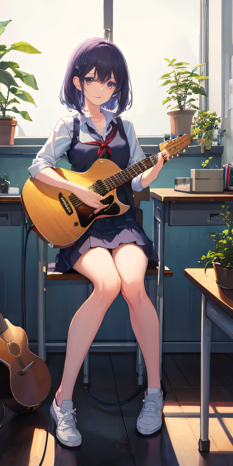 masterpiece, best quality, high resolution, solo, purple eyes, kahuka 1, guitar, musical instrument, 1 girl, solo, plant, cat, potted plant, electric guitar, classroom, sitting