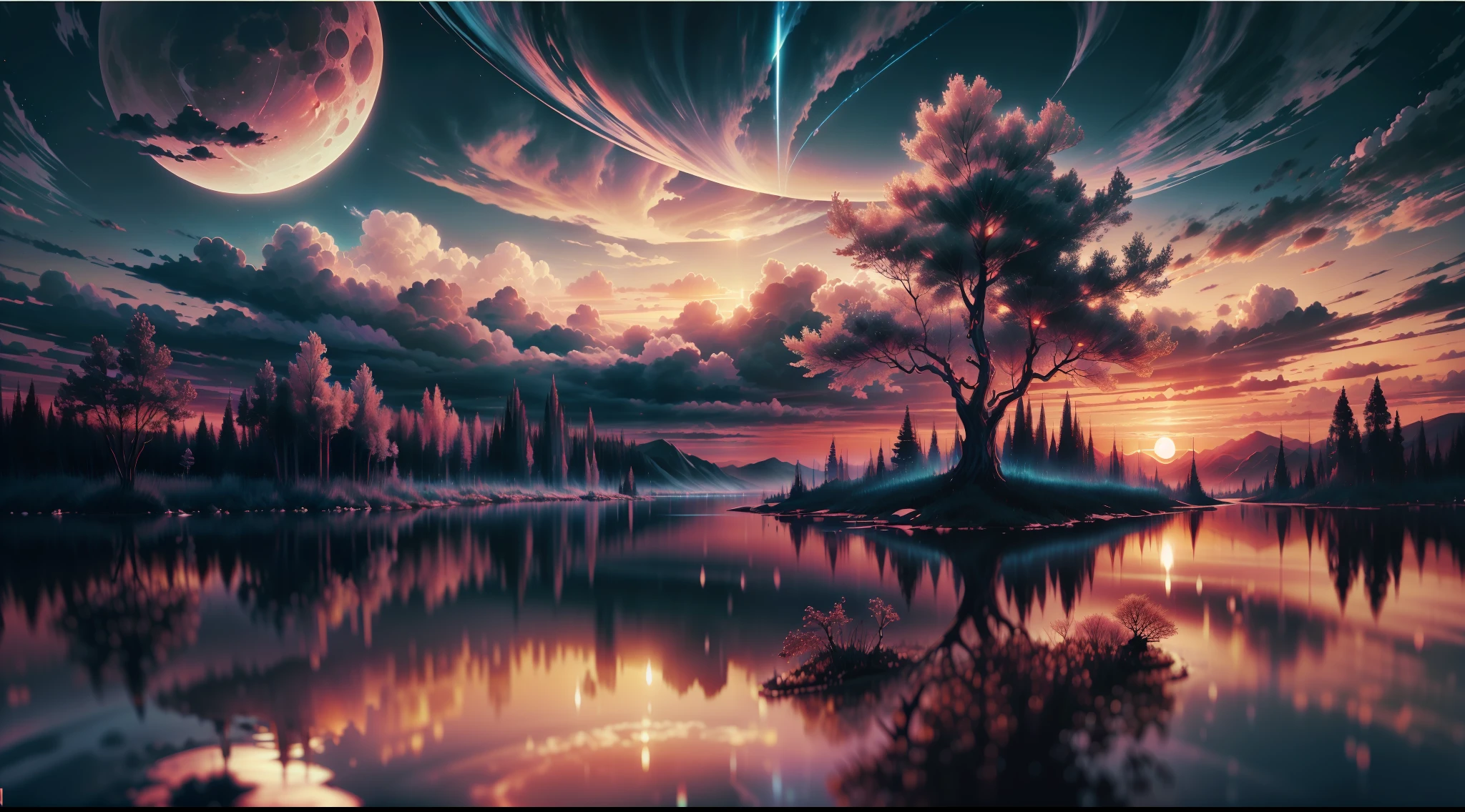 There is a beautiful sunset with lake and trees in the background, colorful sky, surreal colors, colorful sunset, colorful sky, wonderful sky reflection, amazing sky, fantastic atmosphere 8K, colorful clouds, color reflection on the lake, surreal sky, red and blue reflection, fire reflection, beautiful sky, beautiful and spectacular dusk, beautiful dream landscape, amazing sky, sky to see the moon