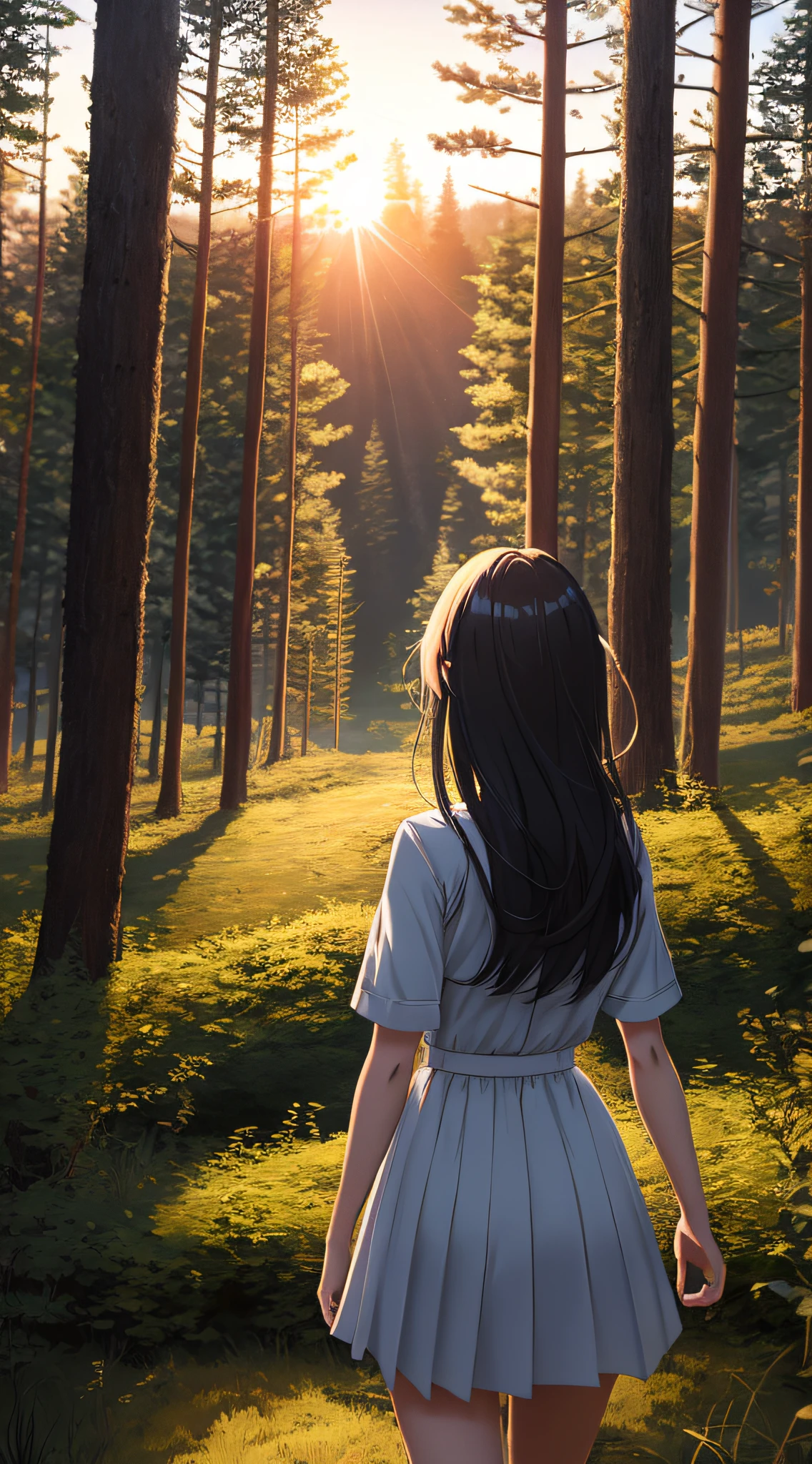there is a woman walking through a forest with the sun shining, realistic anime 3 d style, anime lush john 8k woods, 3 d anime realistic, makoto shinkai. digital render, anime nature, girl walking in forest, ilya kuvshinov landscape, beautiful anime scene, makoto shinkai cyril rolando, realistic anime artstyle, photorealistic anime