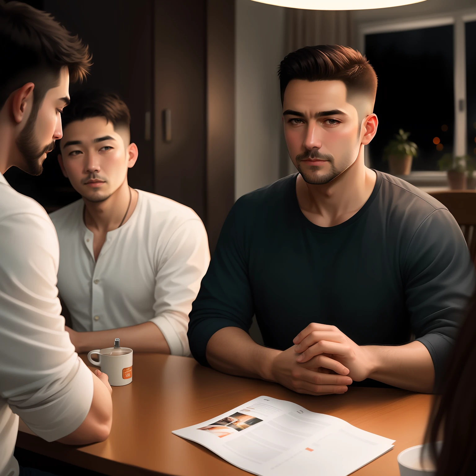 (8k, highest quality, best quality, masterpiece, highly detailed: 1.2), a 60-year-old man, 2 boys in their 20s and 30s, in sleepwear, short haircut, with short beard, pale skin, slim body, sitting at the table dining and discussing, dining room background (highly detailed skin: 1.2), 8k uhd, dslr, soft lighting, high quality, film grain, Fujifilm XT3