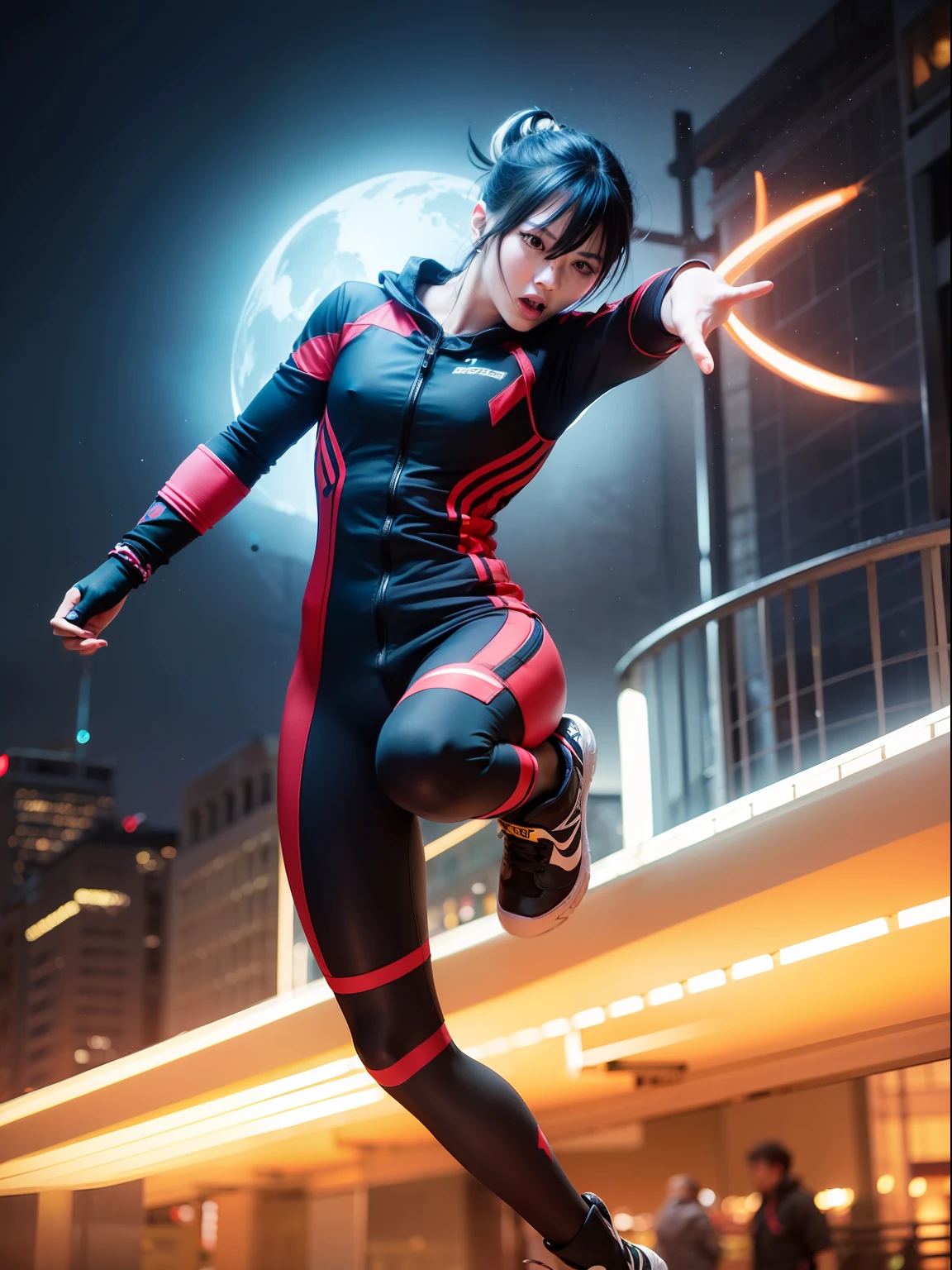 Create a vibrant and dynamic full-body anime cartoon artwork featuring a fearless and charismatic protagonist with an unusual and eye-catching hairstyle, engaging in an intense action sequence against a backdrop of futuristic cityscape, with neon lights illuminating the night sky, accentuating the fast-paced movement and adding a sense of surrealism, while incorporating intricate line work, vivid colors, and exaggerated anime-style proportions to enhance the energetic and lively atmosphere of the scene.