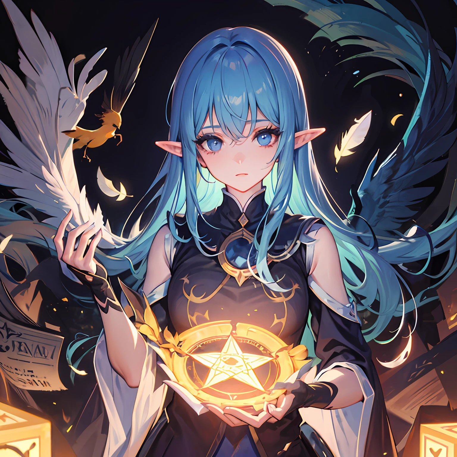 death, blood, night, darkness, (fantasy), infinity, deep blue sky, abyss of knowledge, knowledge, ((masterpiece)), (excellent))), ((beautiful and detailed eyes)), (eyelashes), monster, (1 female), blue hair, long hair, abyss eyes, shiny skin, (bird body, feathers), rags, treachery, elf, extremely fine CG unity 8k wallpaper, masterpiece, ((super detailed)), ((illustration)), dazzling, wallpaper, energy, unknown horror, arcane, magic peripheral, Magic Surrounding, Magic Wand, Book Pages, Flying in the Sky, Knowing the Future, Prophesy the Future, Understanding the Past, Infinite Wisdom, Blue Flame, Warlock, Magic Array, Pentagram, Spells, Mantras, Singing Magic,