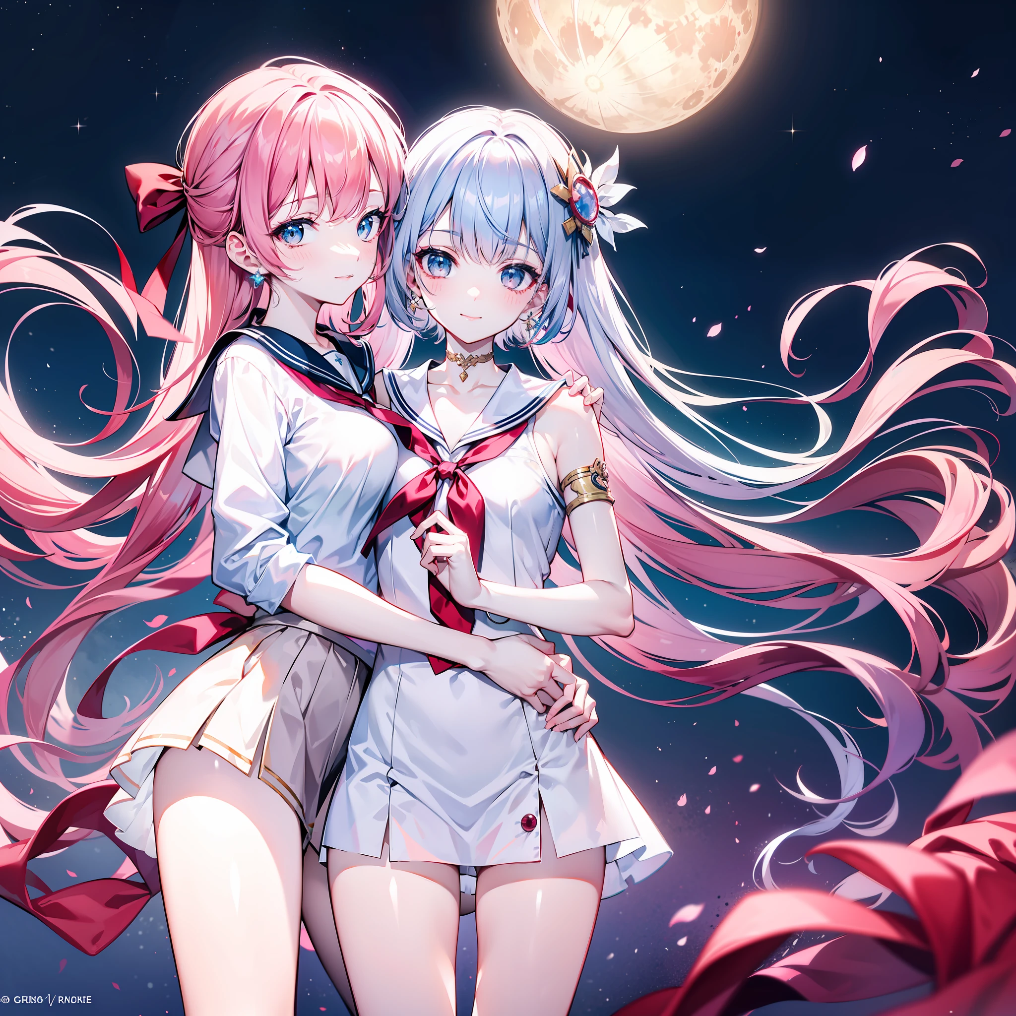 masterpiece,best quality,official art, extremely detailed CG unity 8k wallpaper,absurdres,8k resolution,cowboy shot,exquisite facial features,prefect face,blush,seductive smile,long hair,hair bow,armlet,rimless eyewear,sailor shirt,bare_legs,yokozuwari,gill support,night,stars,full_moon,moon,female,bishoujo,gyaru