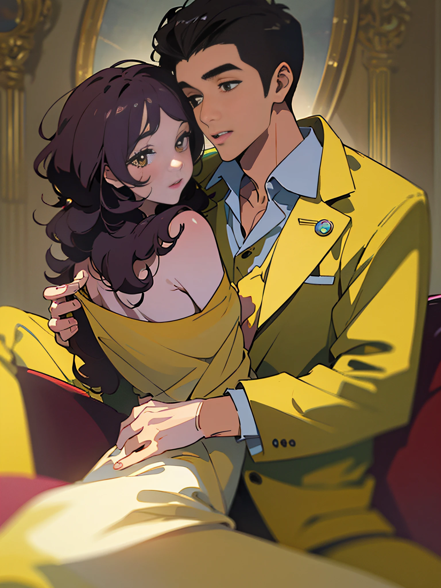 ((8K:1.27),High Quality,Masterpiece,Ultra HD:1.2),(((Man in 20s in Yellow Suit, Short Hair))),(((Woman in 20s in White Low-Cut Sexy Pajamas, Long Curly Hair))), Attractive Photos, Digital Enhancement, Very Perfect Pose, Passionate Pose, Intimate Hugs, On the couch, leaning against each other, their eyes meet. His right hand gently caressed her buttocks, while her left hand gently pressed against his chest. Their warm breaths collided, and he slowly pulled his face to her delicate, well-defined lips. The atmosphere was ambiguous, and the boy hugged the girl from behind and kneaded the girl's chest
