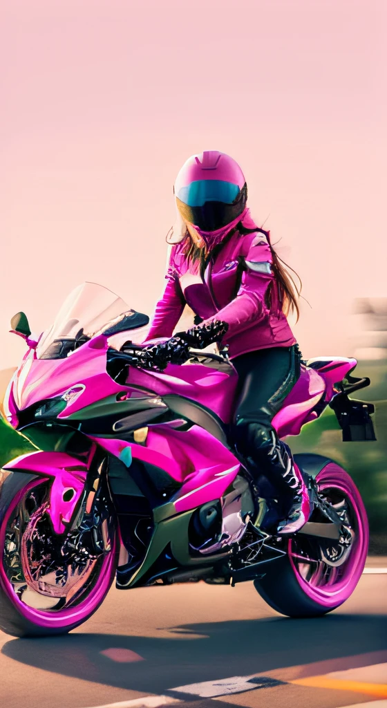woman in black leather jacket riding pink motorcycle on highway, pink power, picture of a female biker, motorbiker, motorcycle, motorcycles, matte pink armor, vibrant pink, slick pink armor, pink girl, riding a motorcycle, riding, 🚿🗝📝, (pink colors), motorbike, pink skin, ((pink)), pink, kawasaki