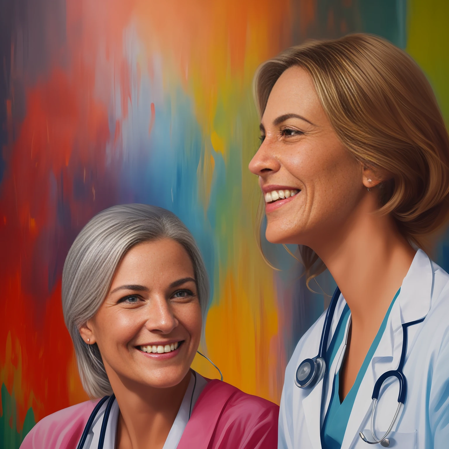 Paint a smiling doctor and a patient in the hospital. Painting on canvas. The image should convey relaxation. Painting with cinematic quality, colorful, with well-defined, vivid, intense, exceptional colors in 8K, highlighting every detail, revealing the perfection of the character's facial expression.