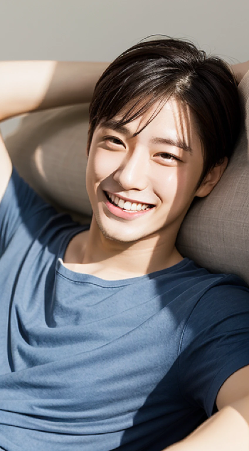 Man about 25 years old, smiling, sharp focus, half body, summer, shirt, wonderful, lying down,
