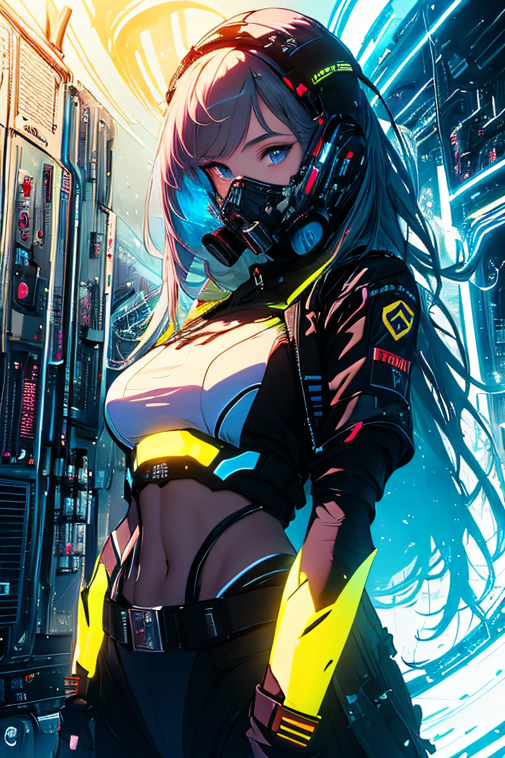 (masterpiece, top quality, best quality, official art, beautiful and aesthetic:1.2), light painting, dynamic streaks, vibrant colors,captivating patterns, creative experimentation, luminous trails,
1girl, mask,
global illumination, extreme detailed,(science fiction:1.3),colorful,highest detailed,cinematic light,(cowboy shot:1.2),