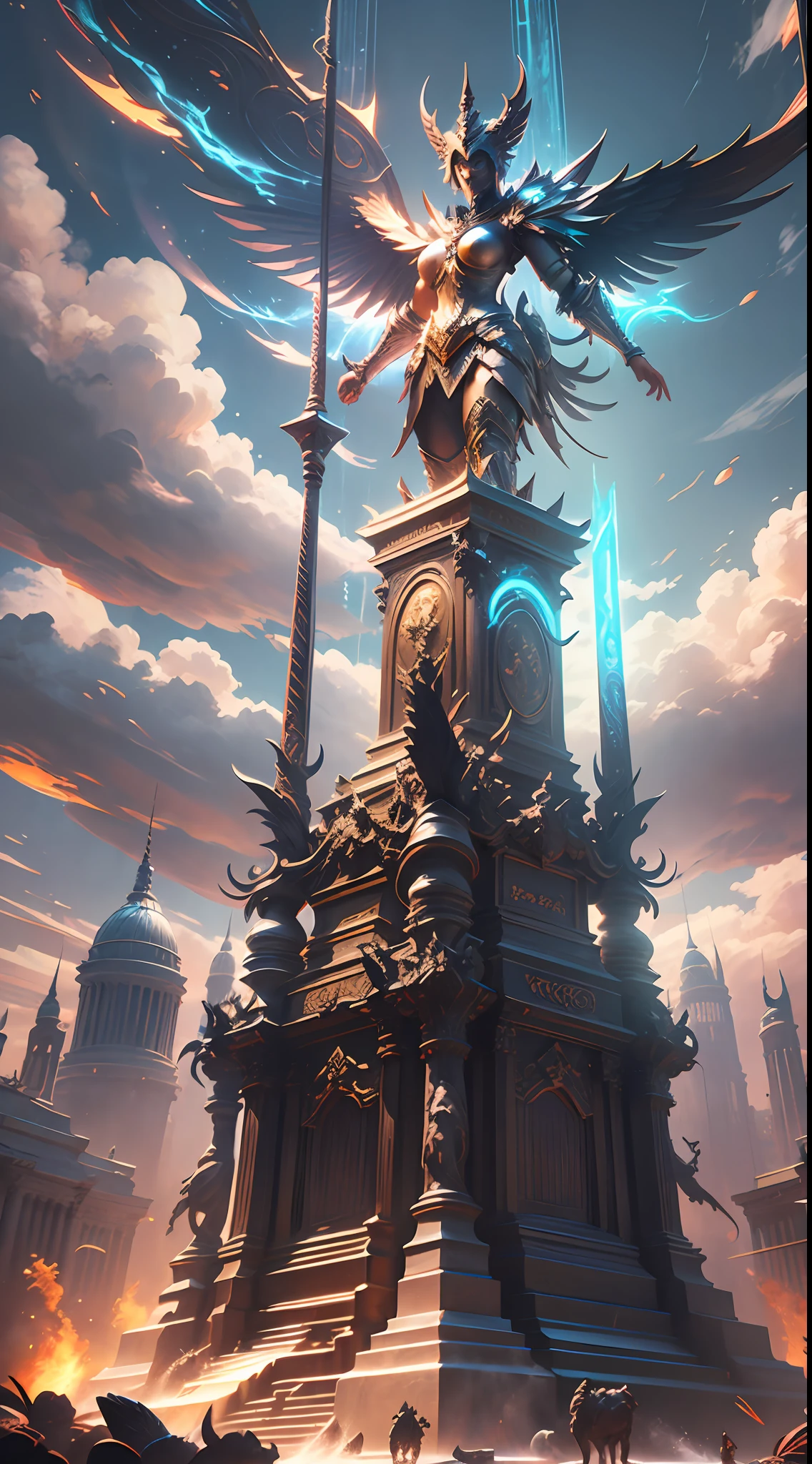 Cinematic effects, black devil armor, strong luster of armor, murderous armor style, with devil ornamentation, exaggerated devil horns, spikes, and its complex armor, exaggerated huge devil wings, visual impact, holding a square halberd, battle posture display, motion photography, distant Athena statue, perfect details, 8K, top painting, scene magic, outdoor photography, concept art, epic composition, with HD detail, metallic texture and tension composition, hyper-realistic, ultra-realistic, rich in detail, 3D. C4D,
