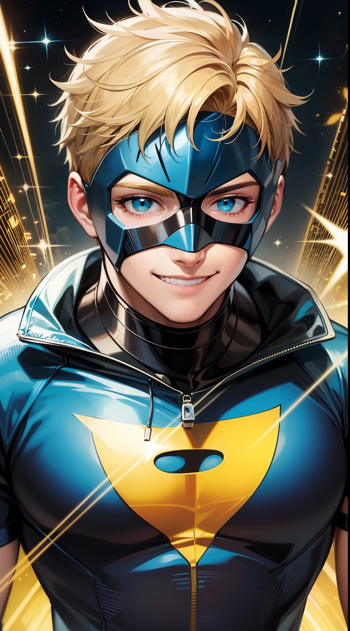 Young guy, short blonde hair, cyan eyes, yellow blue superhero costume, superhero mask, smile, laser, masterpiece, high quality