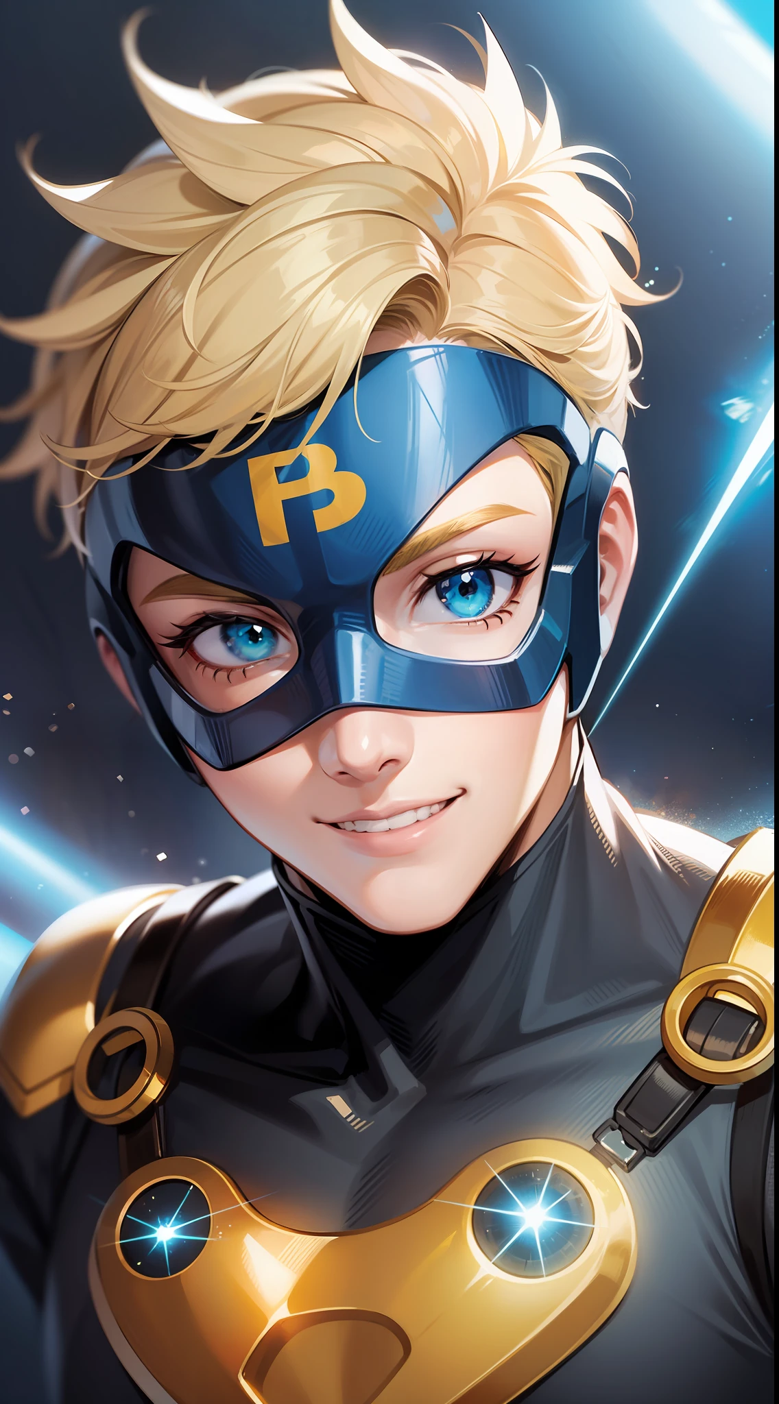 Young guy, short blonde hair, cyan eyes, yellow blue superhero costume, superhero mask, smile, laser, masterpiece, high quality