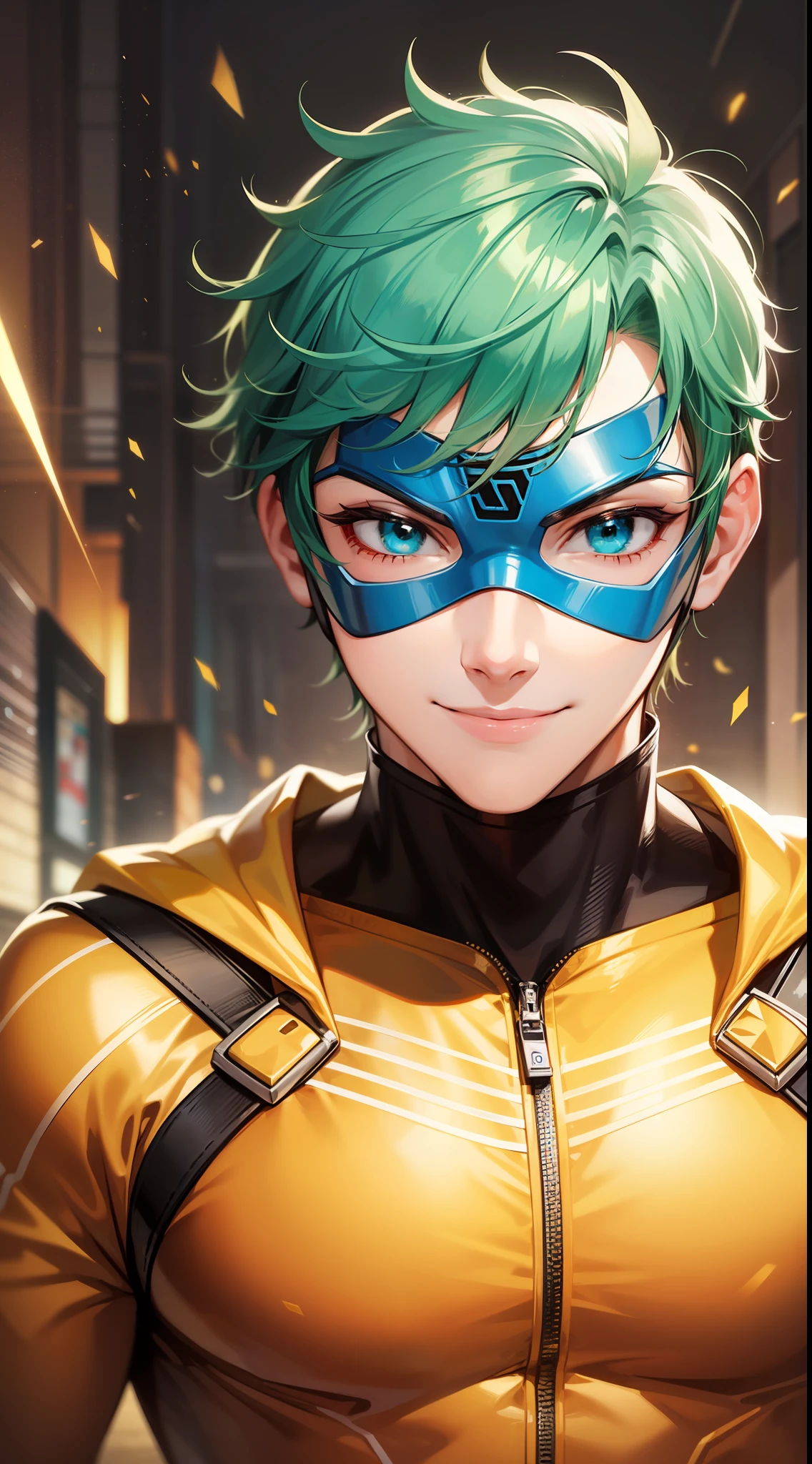 Young guy, short blonde hair, cyan eyes, yellow blue superhero costume, superhero mask, smile, laser, masterpiece, high quality