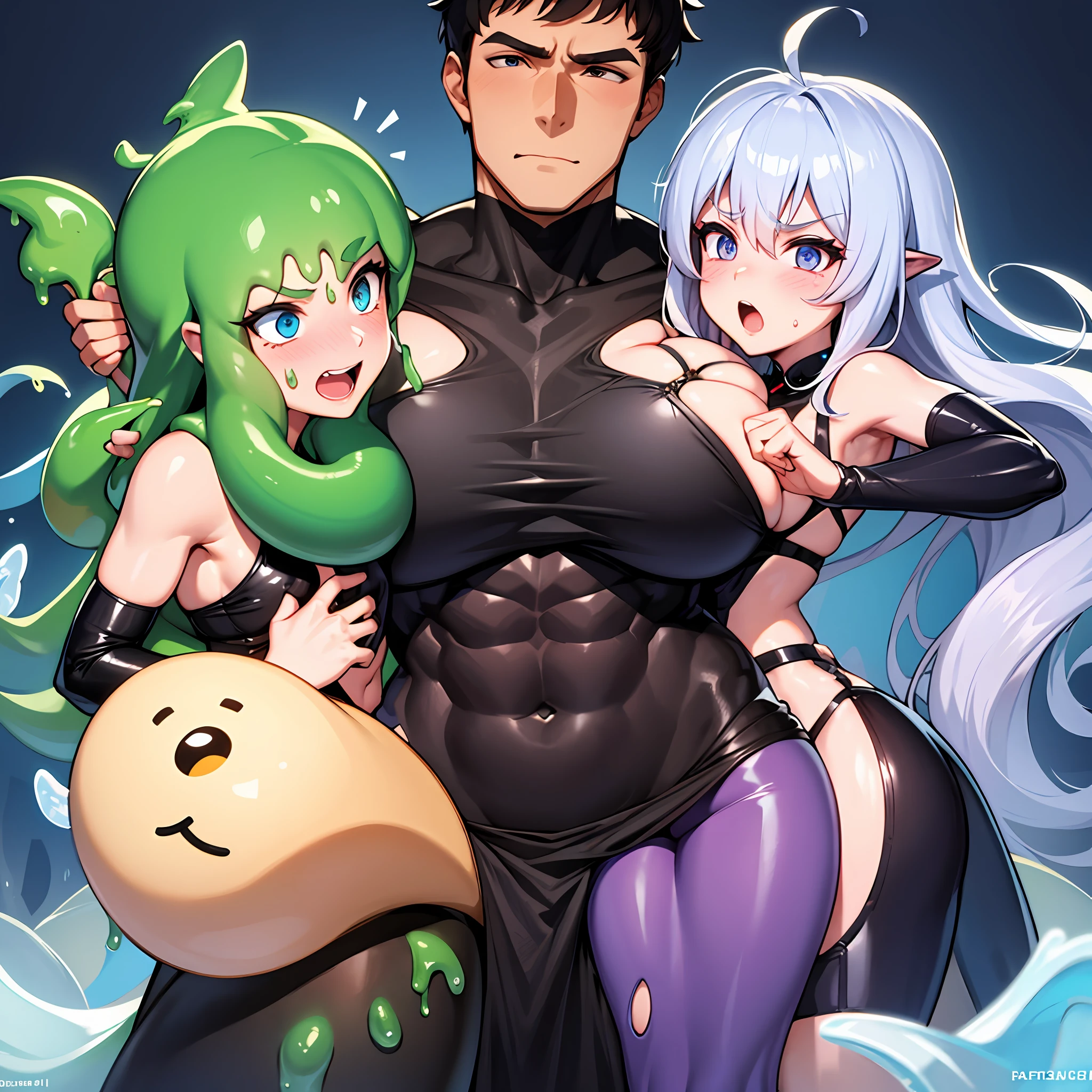 Two people of different genders, a tentacle man holding a four-breasted tentacle girl, male god, abs, flat chest chest muscles, handsome face, evil charm, short hair, giant hanging, thick and hard, parasitic devouring, disgusting. Slime, goddess, royal sister, parasitic devouring, nausea, blushing shyness, big breasts