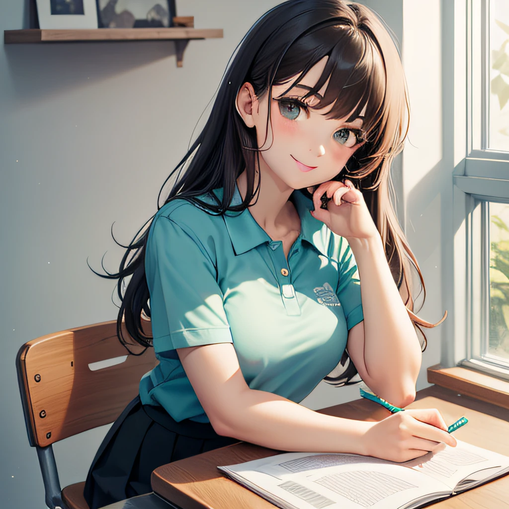 open mouse,looks active, anime girl sitting at desk with pen and paper, thinking pose, anime style, girl with black hair, long hair, 1 girl,,black hair,smile,amazing smile,happy,serious,chin up,black eyes,brown eyes,glowing eyes,turquoise polo shirt,plain polo shirt,turquoise polo shirt without lines,unmarked turquoise polo shirt, Black pleated skirt, skirt with a length that does not expose the knees, black pleated long skirt, looks fun, study sitting on a chair, study with a book on the desk, study with a pen, study with a pen, study with your hand on your chin, study with your chin raised, study sitting straight, full body, refreshing, healthy, anime style, best quality,