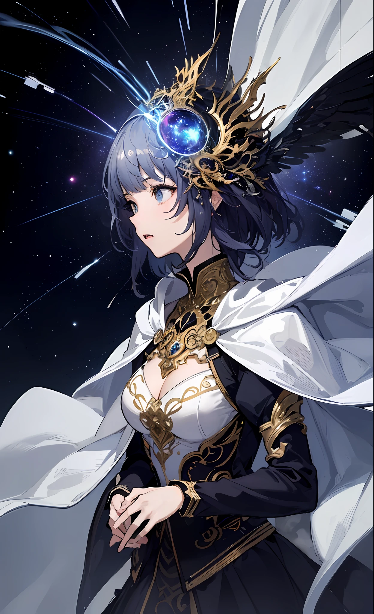 (masterpiece, top quality, best quality, official art, beautiful and aesthetic:1.2), (1girl), extreme detailed, (fractal art:1.3), colorful, highest detailed, perfect face, upper body, HDR, (praying:1.3), (white cloak golden lines:1.2), galaxy, (light streaks), striking visuals, (dynamic streaks, luminous trails:1.2), vibrant colors,