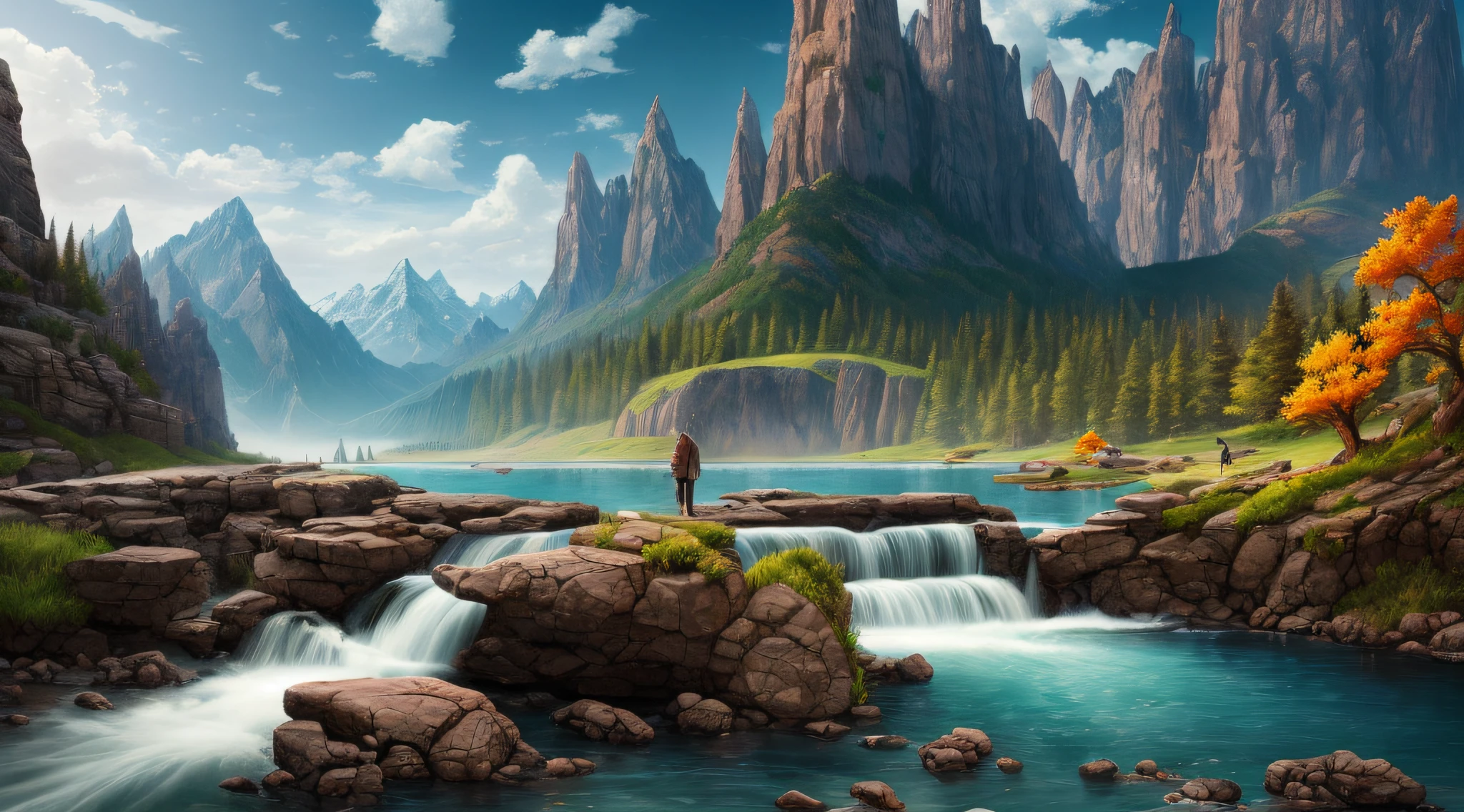 Masterpiece, best quality, high quality, extremely detailed CG unity 8k wallpaper, landscape, outdoor, sky, clouds, sky, no humans, mountain, landscape, water, tree, blue sky, waterfall, cliff, nature, lake, river , cloudy skies, award winning photography, bokeh, depth of field, HDR, bloom, chromatic aberration, photorealism, very detailed, trending on artstation, trending on CGsociety, intricate, high detail, dramatic, half way art --auto