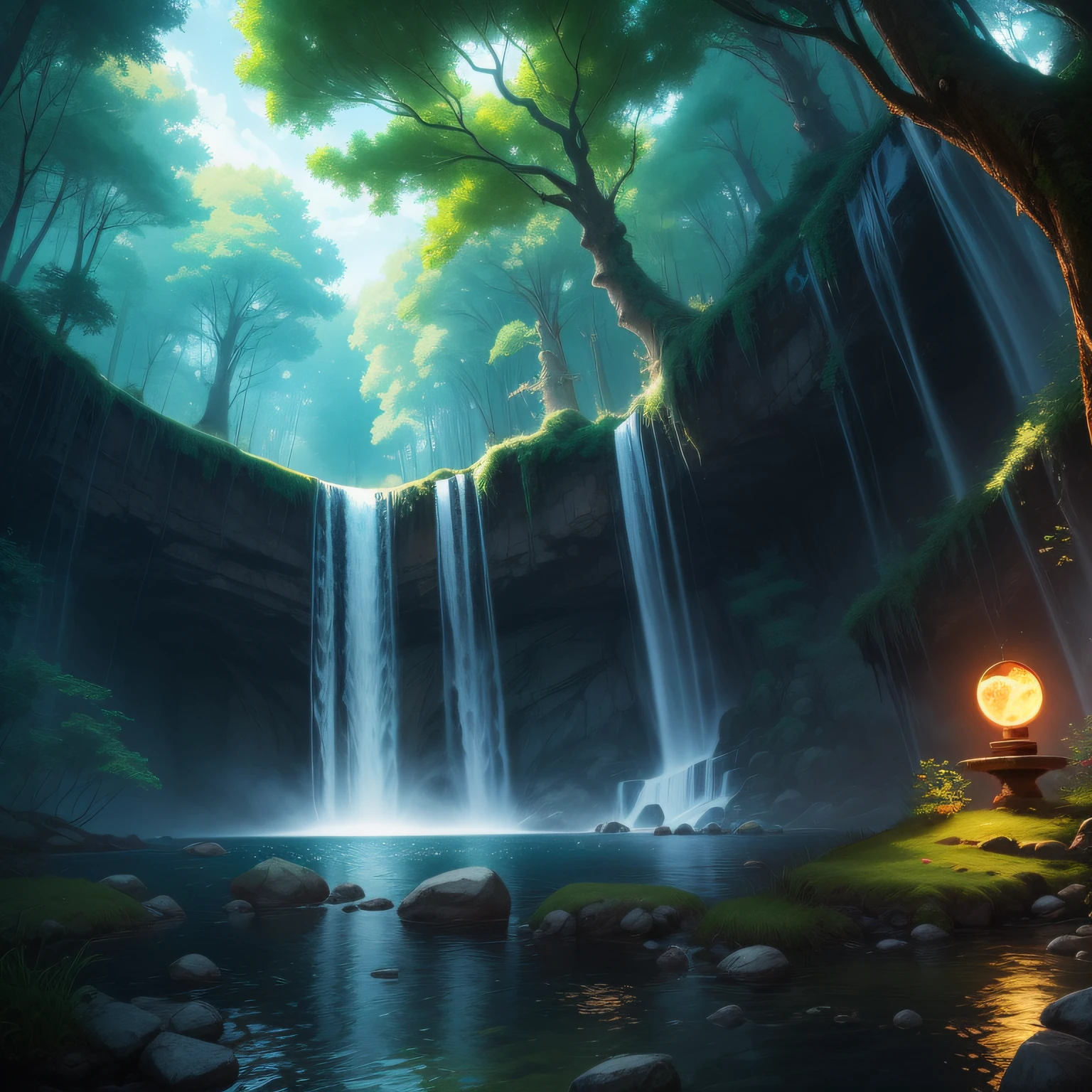 Digital painting, smooth, high quality, highly detailed sketches, magic, flower bridge, middle (glowing sphere: 1.1), (green forest: 1.2), waterfall, (spirit tree: 1.1), (fisheye: 1.5)