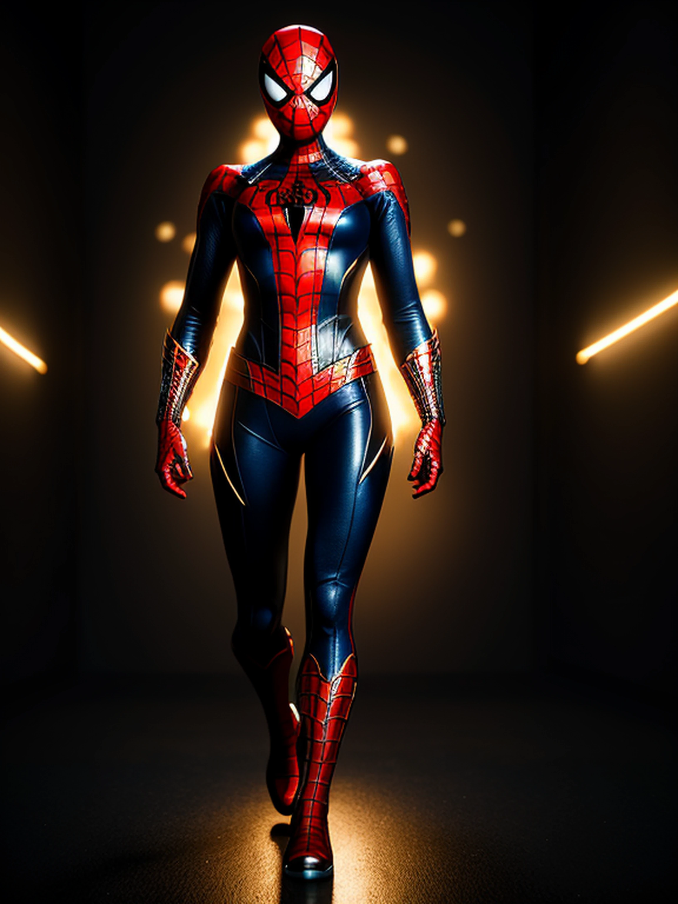 midjourny-v4 style, Professional Photoshot medium a spiderman perfectly played by gwen Stacy with highly detailed intricate cybernetics outfit, highly detailed beautiful face, standing in darkness with black particles surrounded the body, proportional body shape + perfect anatomy, symetrical dynamic pose, volumetric shadow, neon glowing dust particles effect + detailed particles, full hd render + 3d octane render + unreal engine 5 graphic 4k UHD + immense detail + dramatic lighting + well lit + intricate + fine details + octane render + Ray tracing + 8k + sharp focus + high vibran contrast, in the style Marvel style, trending on ArtStation