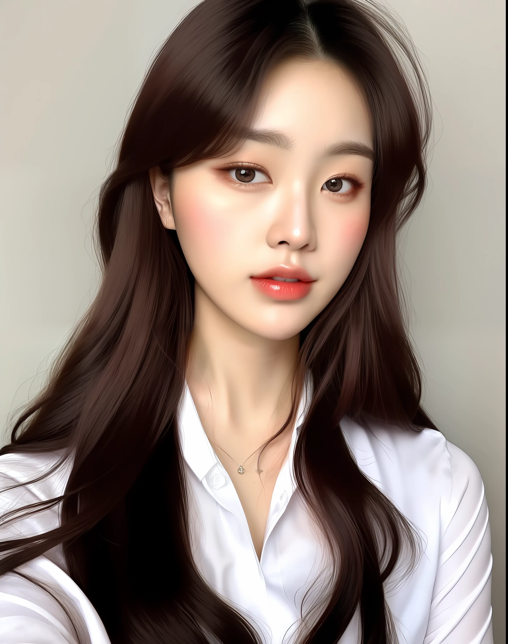 Close-up of a long haired woman in a white shirt, beautiful korean woman, korean girl, gorgeous korean young woman, beautiful korean young woman, korean woman, asian girl, sakimichan, good young girl, beautiful asian girl, bbwchan, 2 2 years old