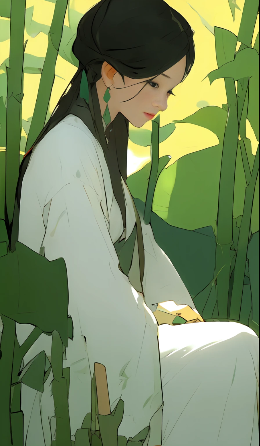 A girl, full body, cyan | Bühler dress, standing, flower, bamboo, bamboo forest