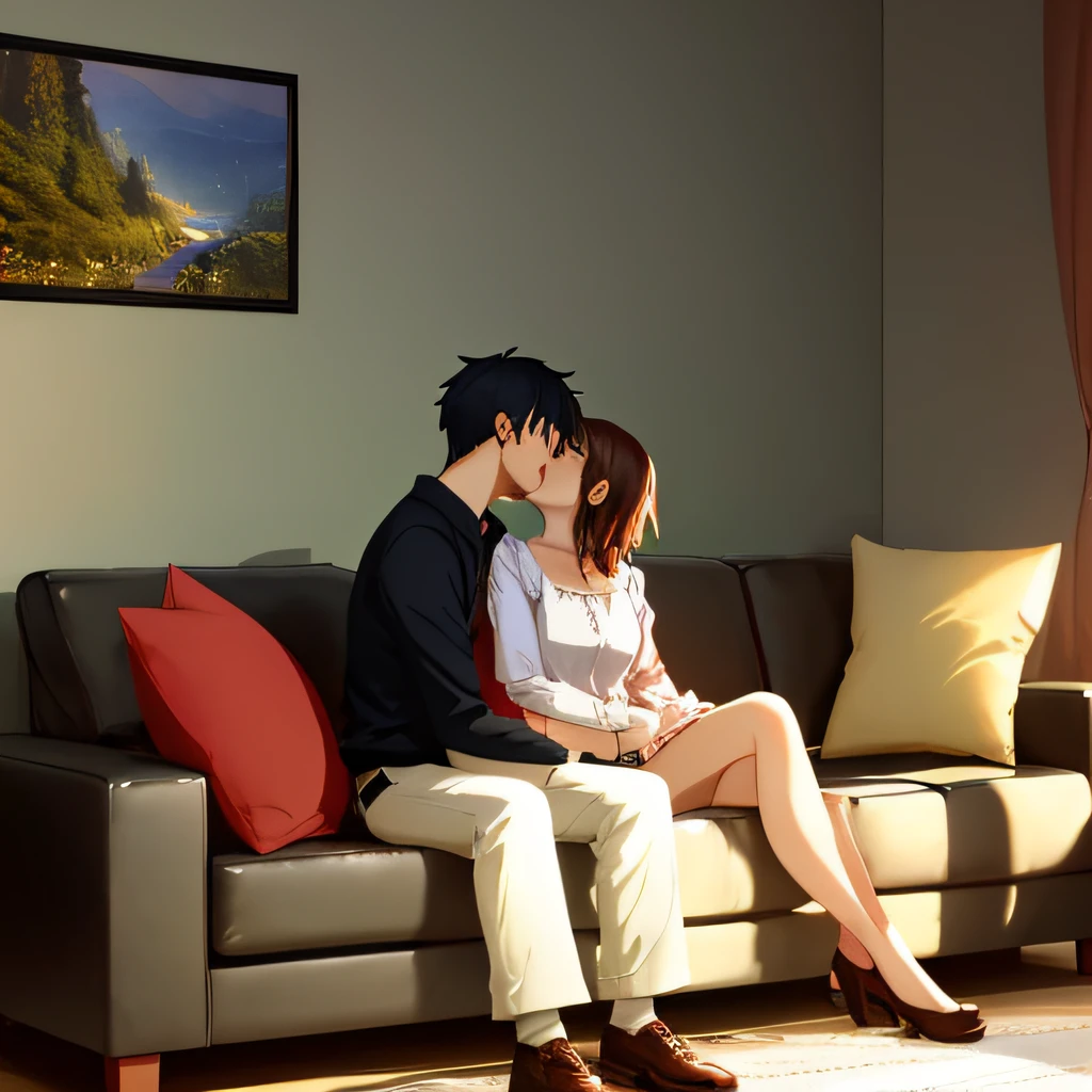 man and woman, masterpiece, best quality, 8k resolution, sitting on expensive sofa, stock image, sofa, promotional art, living room, relaxing on sofa, advertising photo, sitting on sofa, couple on bed, portrait shot, sitting on sofa, Pixabay, istock, hug, deep kiss, relax on modern sofa, 8k, ultra-hd, super resolution, Makoto Shinkai, Kimi no Wa, Child of Tenki, Koto King