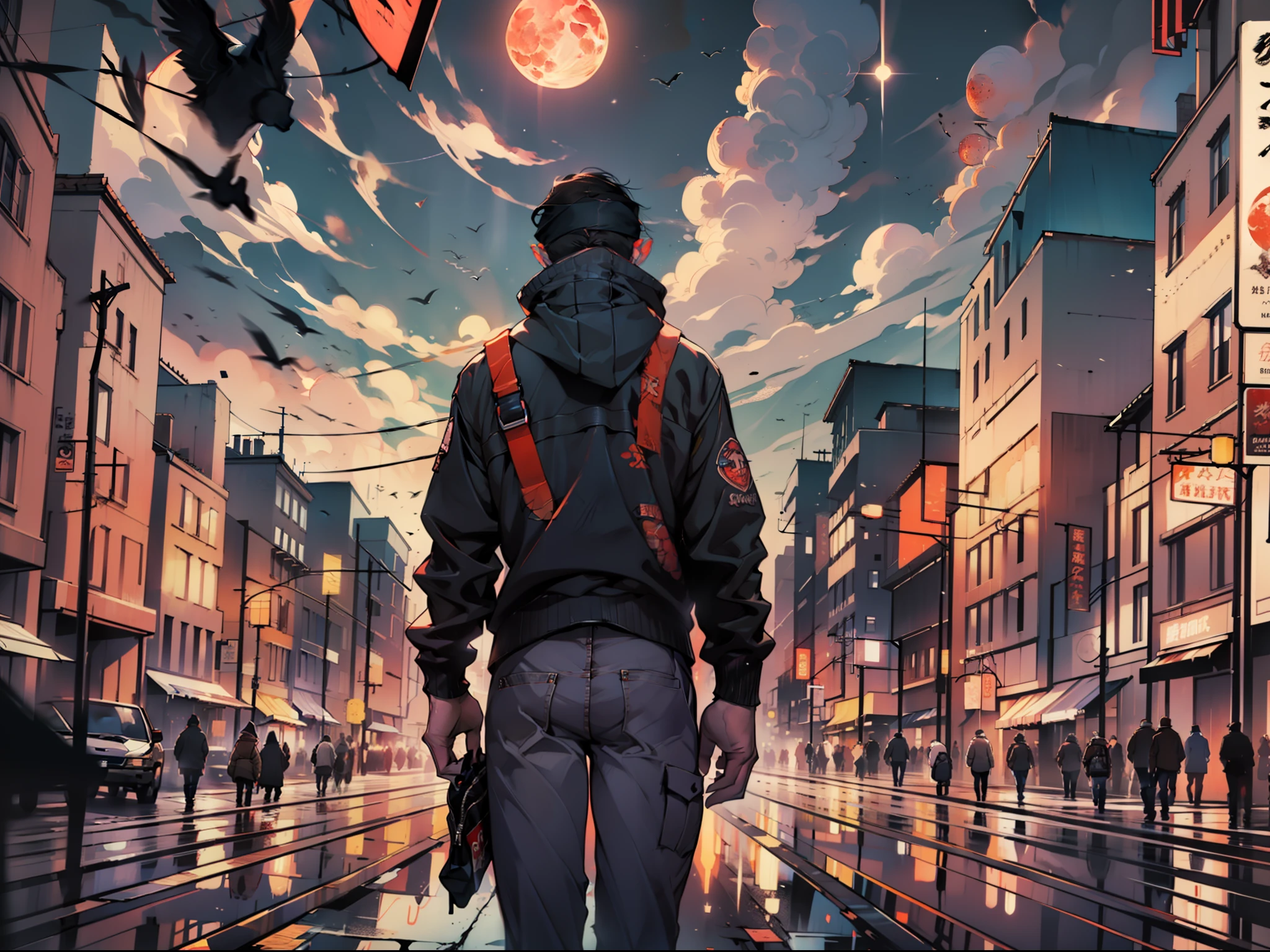((Best Quality))((Masterpiece))(Verbose), (Artistic Inspiration :1.2), (Pixiv Contest Winner: 1.1), {{Masterpiece}}}, {Very Detailed CG Unified 8k Wallpaper}, City Street Background, Huge Blood Moon Eyes, Night, Dark Clouds, Doomsday Scene, A Ghost Head in a City Square, Chasing a Group of People